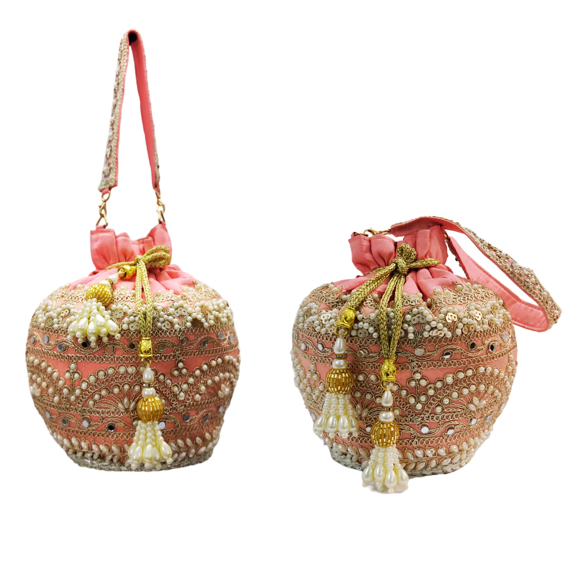 OMID Women's Pink Potli Bag- Traditional Boho Pouch String- Tie Sack, Beaded Silk Purse for Girls and Women, Bridal Festive Gifting Bag For Women and Girls 3