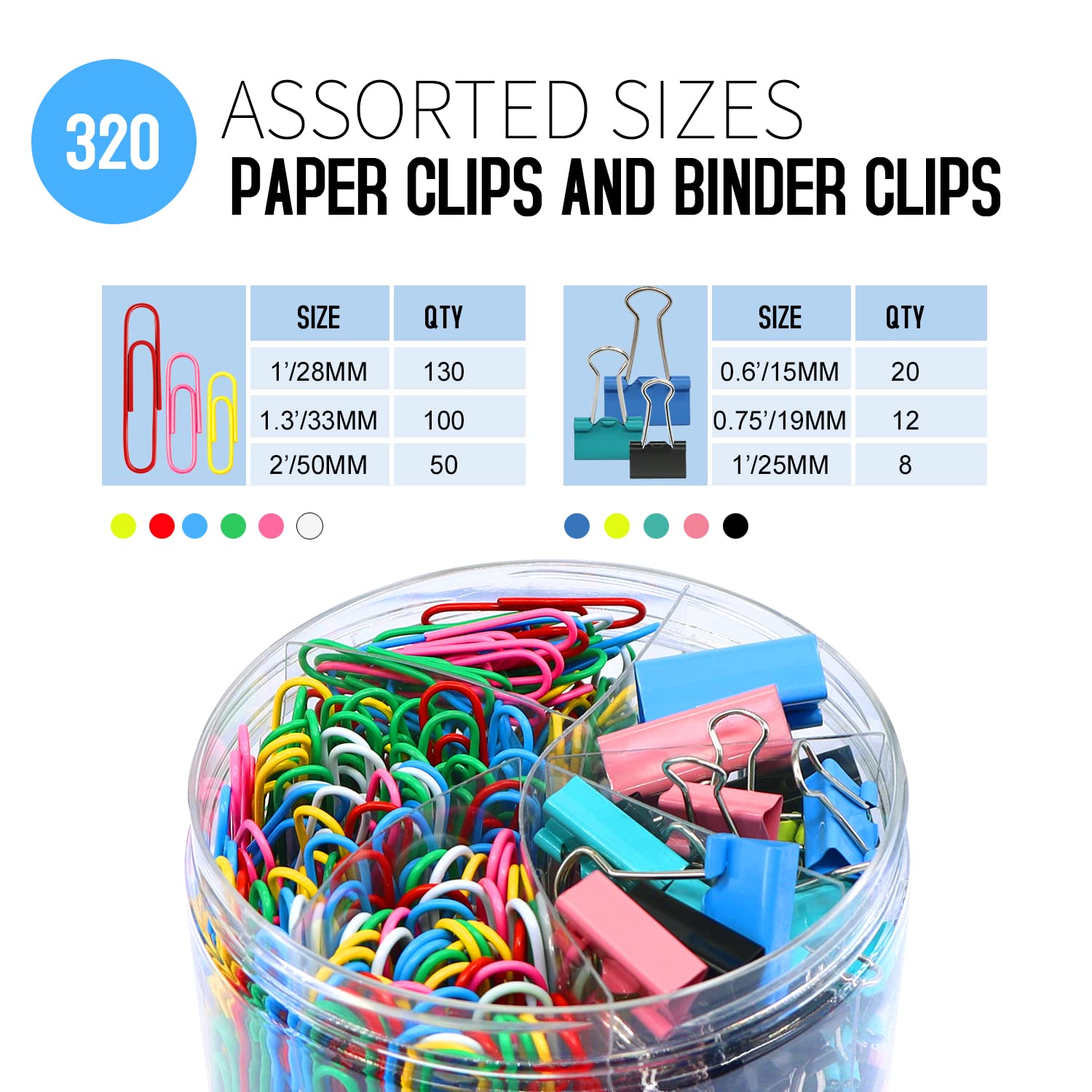 Büroklammern, Binder-Clips, 320 Stück, Büroklammern und Binderklammern, verschiedene Größen, farbige Büroklammern, groß und mittel, mittelgroß, klein und klein, für Zuhause, Büro, Schule,
