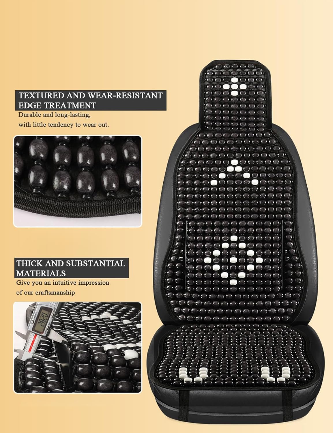 Wood Beaded Car Seat Cover Massaging Breathable Cooling Natural Wood Bead Cushion Universal Fit for Sedan, SUV & Truck. The Ergonomic Lumbar Support Can Relieve Painful from Long Trips