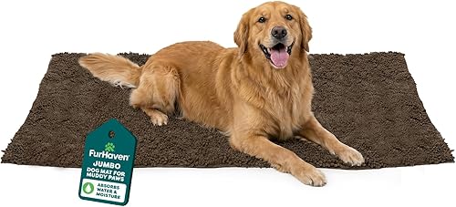 Tapete de cama Furhaven para mascotas como perros y gatos – Alfombra para comida y toalla de baño de gamuza y felpilla absorbente para patas sucias,
