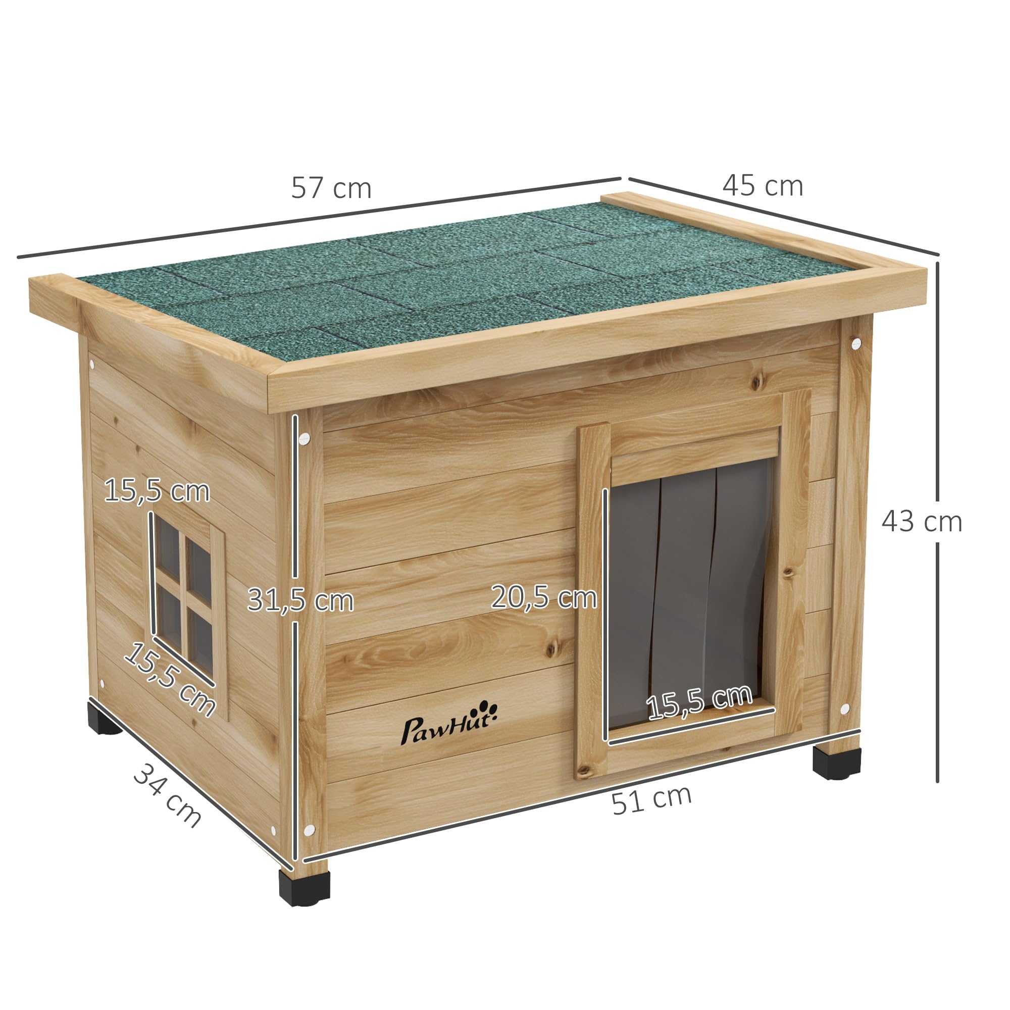 PawHut Maison pour Chats Niche d'extérieur en Bois surélevée avec Toit Asphalte, Porte avec Rideau, fenêtre, 57 x 45 x 43 cm Jaune