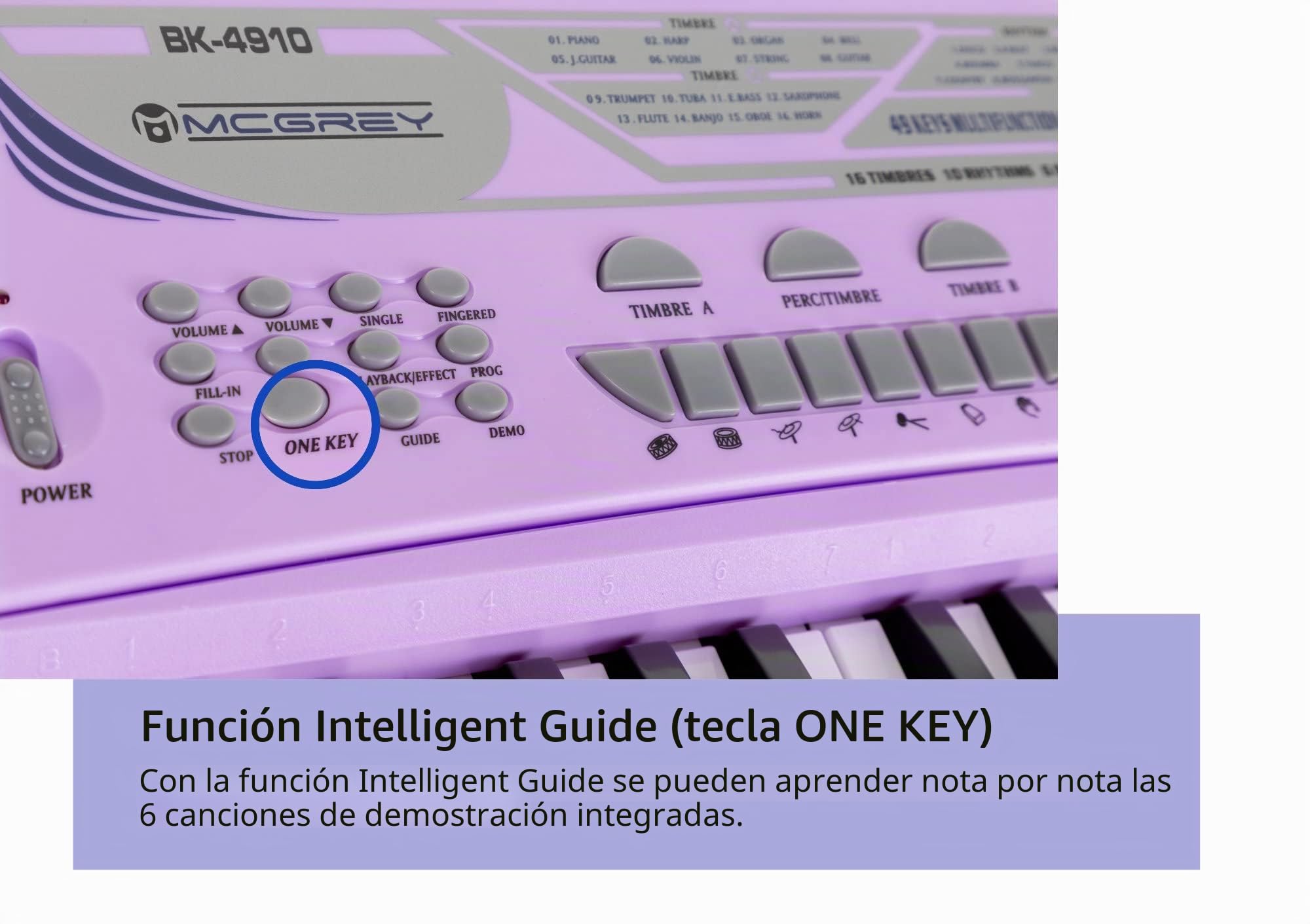McGrey BK-4910VT Teclado Con 49 Teclas Y Atril Para Partituras Lila | Teclado para principiantes con 49 teclas, 16 sonidos, 10 ritmos, 8 sonidos de percusión, 6 canciones demo, 5 mm), Peso: 2