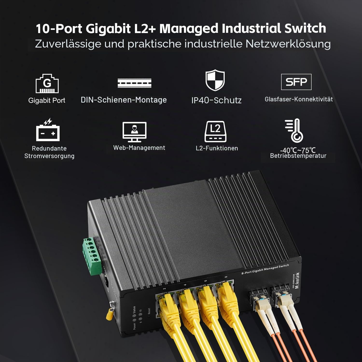 MokerLink 8 Port Gigabit Industrial DIN-Rail Ethernet Switch Managed, 2 SFP Ports, 20Gbps Switching Kapazität, Web L2+ Managed IP40 Netzwerk Switch, mit Netzteil