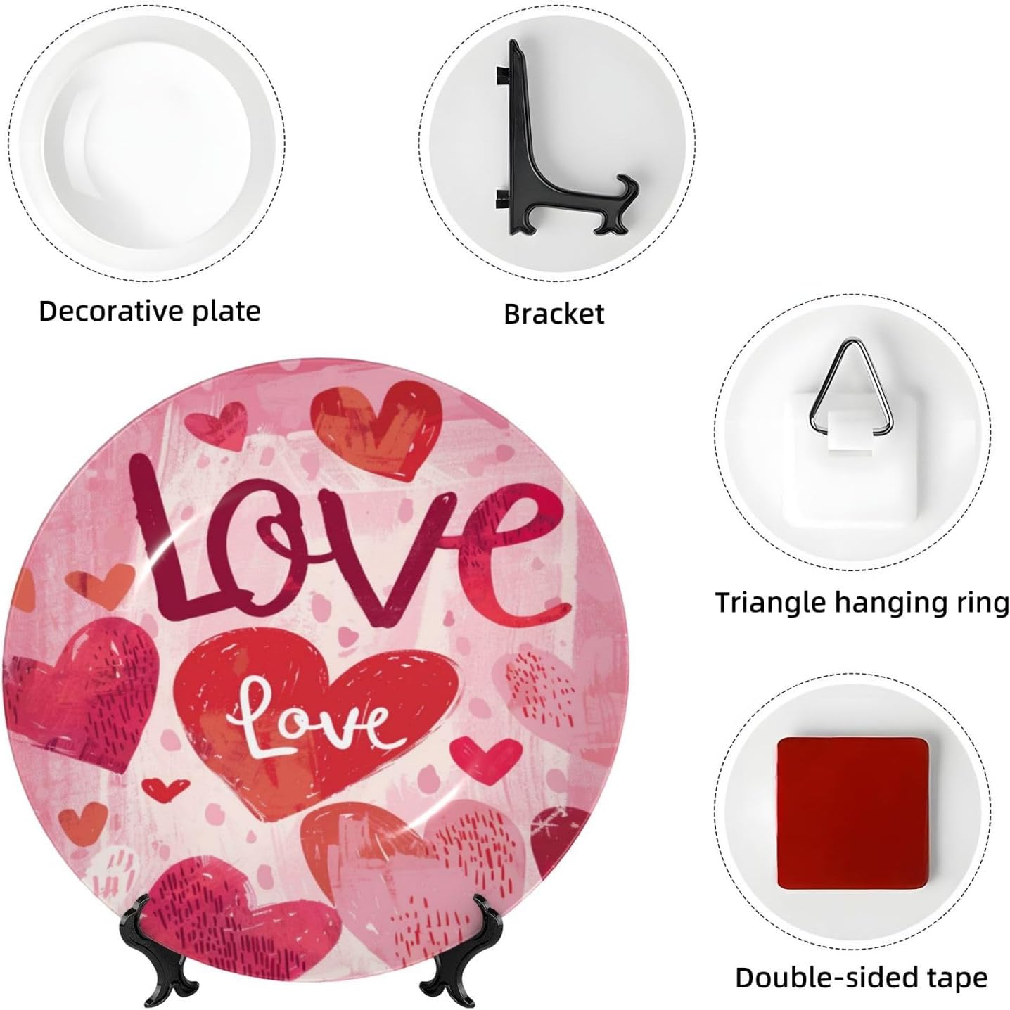 Pink Love Hearts Decorative Porcelain Dish with Stand, Circle Decorative Plates for Table Valentine's Day Home Office Kitchen Wall Decor, 8in
