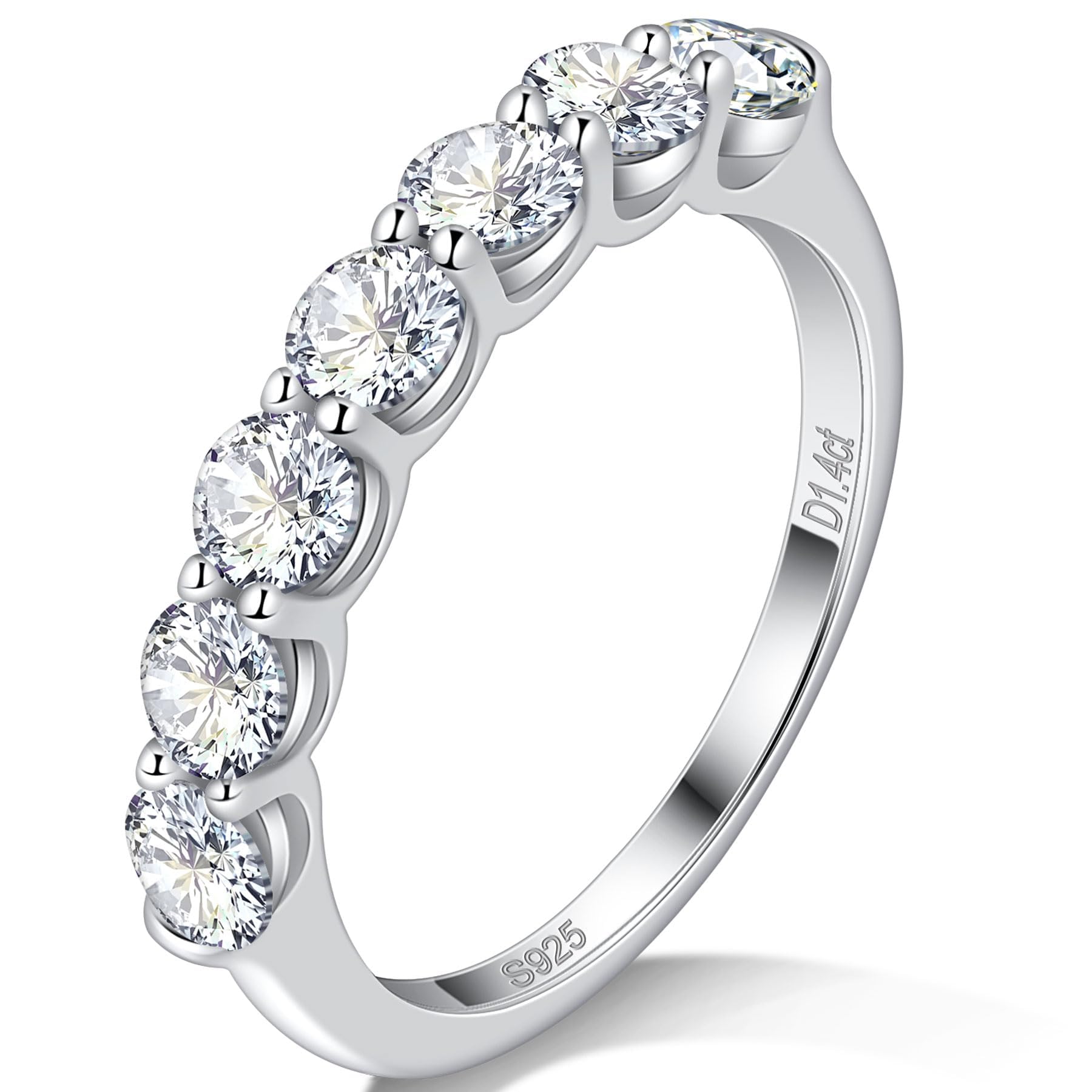Ladylike 7 Stone Moissanite Wedding Band 925 Sterling Silver Half Eternity Ring for Women 1.4cttw Round Cut D Color VVS1 Clarity Anniversary Promise