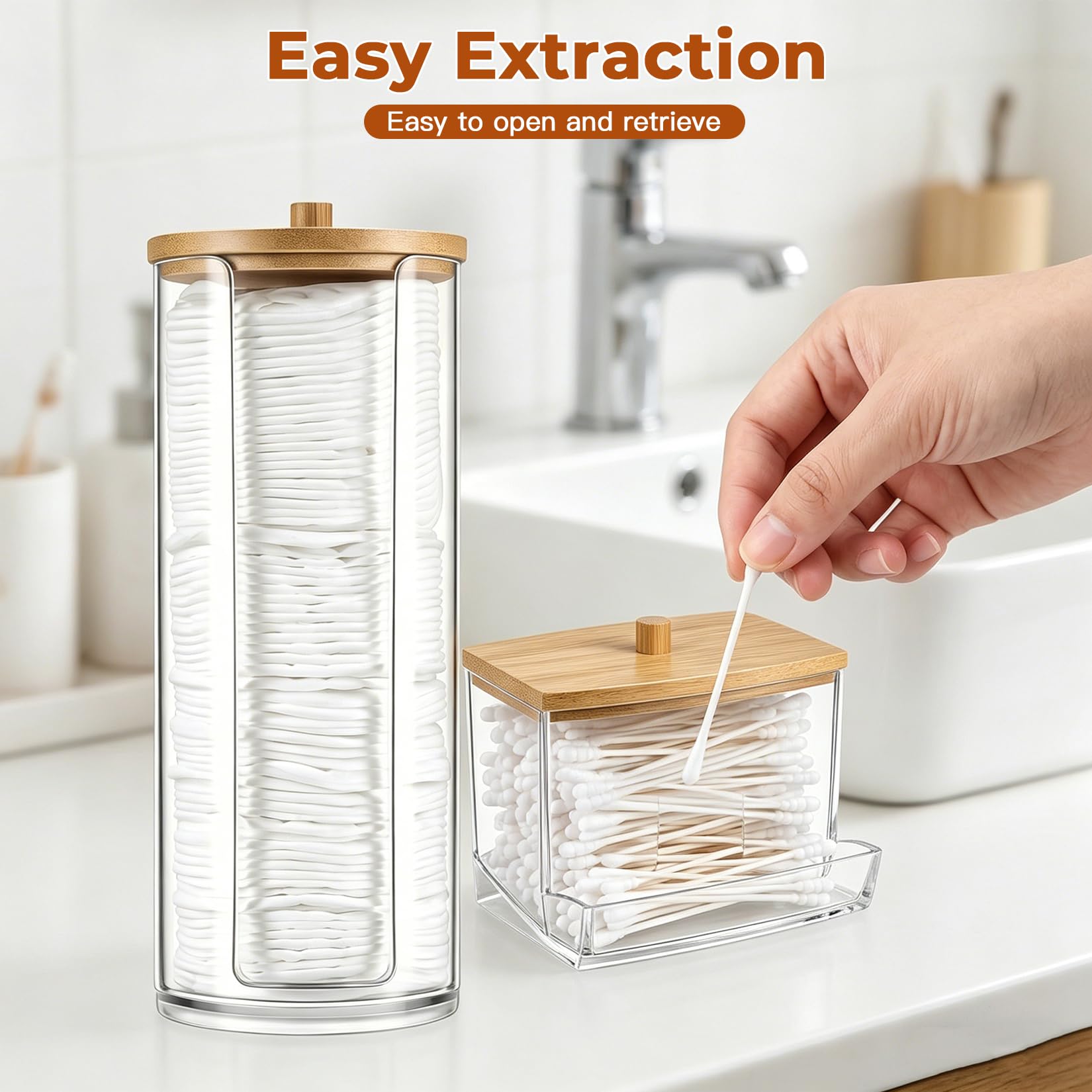 2 Pz Porta Cotton Fioc, Contenitori per Dischetti Struccanti, Trasparente, Scatola Dispenser Tamponi con Coperchio in Bambù, Organizzatore per Batuffoli Cotone, Cosmetici, Trucco