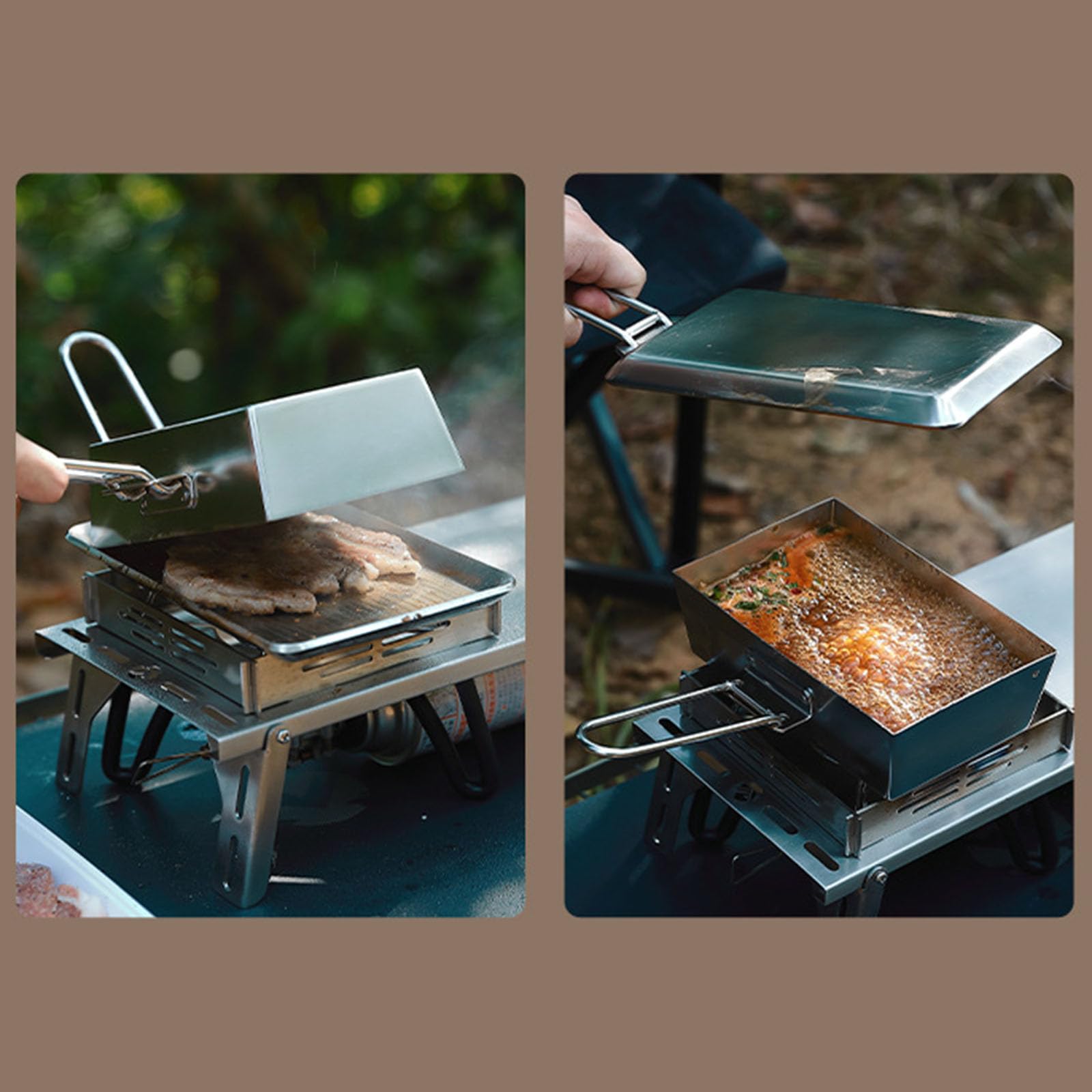 Sartenes de acero inoxidable para cocinar al aire libre, sartenes plegables portátiles para camping, accesorios de camping, plegables duraderas al aire libre