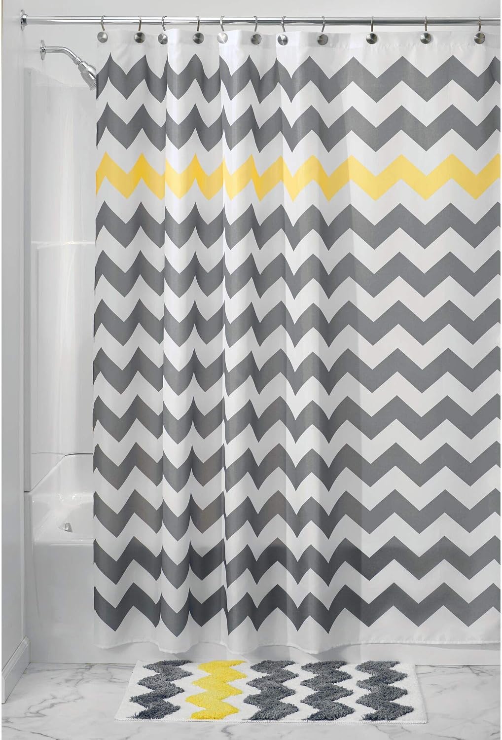 iDesign Fabric Chevron Shower Curtain for Master, Guest, Kids', College Dorm Bathroom, Standard, Gray and Yellow