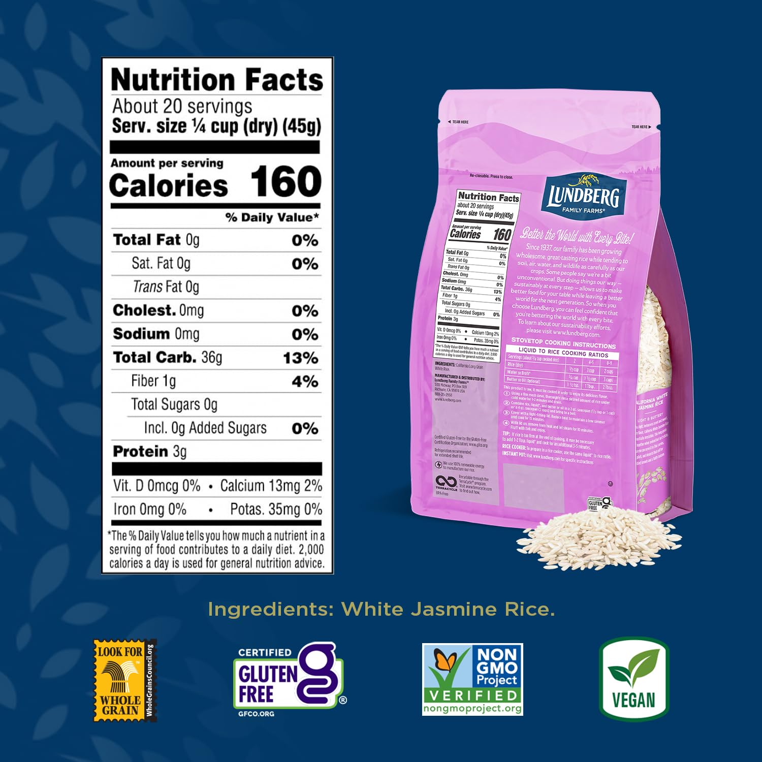 Lundberg Jasmine Rice, Long Grain White Rice - Non-Sticky, Fluffy Aromatic Rice, Sustainably Grown in California, Pantry Staples, Chip Clip Included, 32 Oz (Pack of 6)