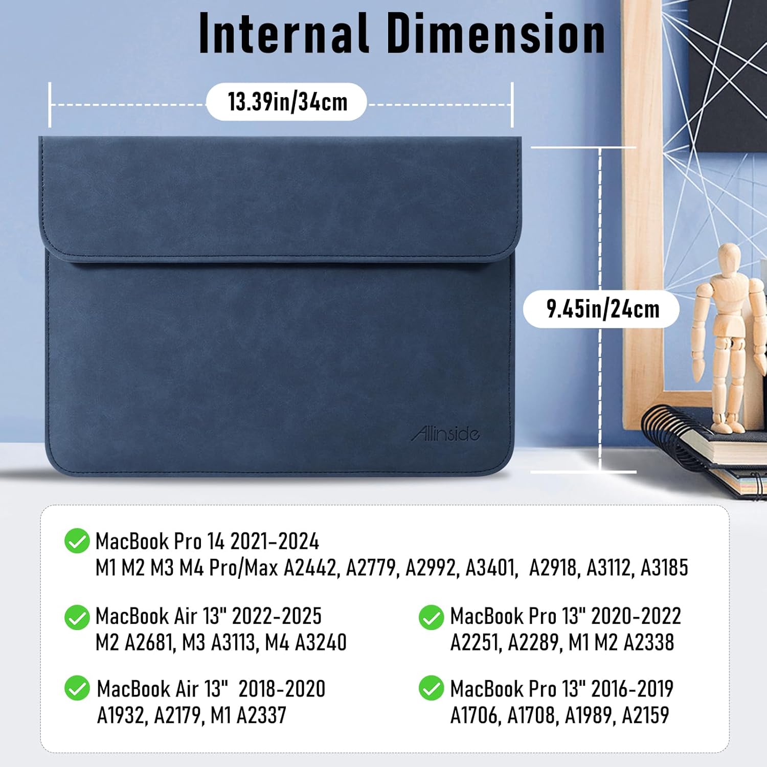 Allinside 13 Inch Laptop Sleeve Case for MacBook Air 13 2018-2025/MacBook Pro 13 2016-2022/Macbook Pro 14 2021-2024, Waterproof Matte PU Leather Horizontal Envelope Protective Case Cover, Navy Blue - Image 2