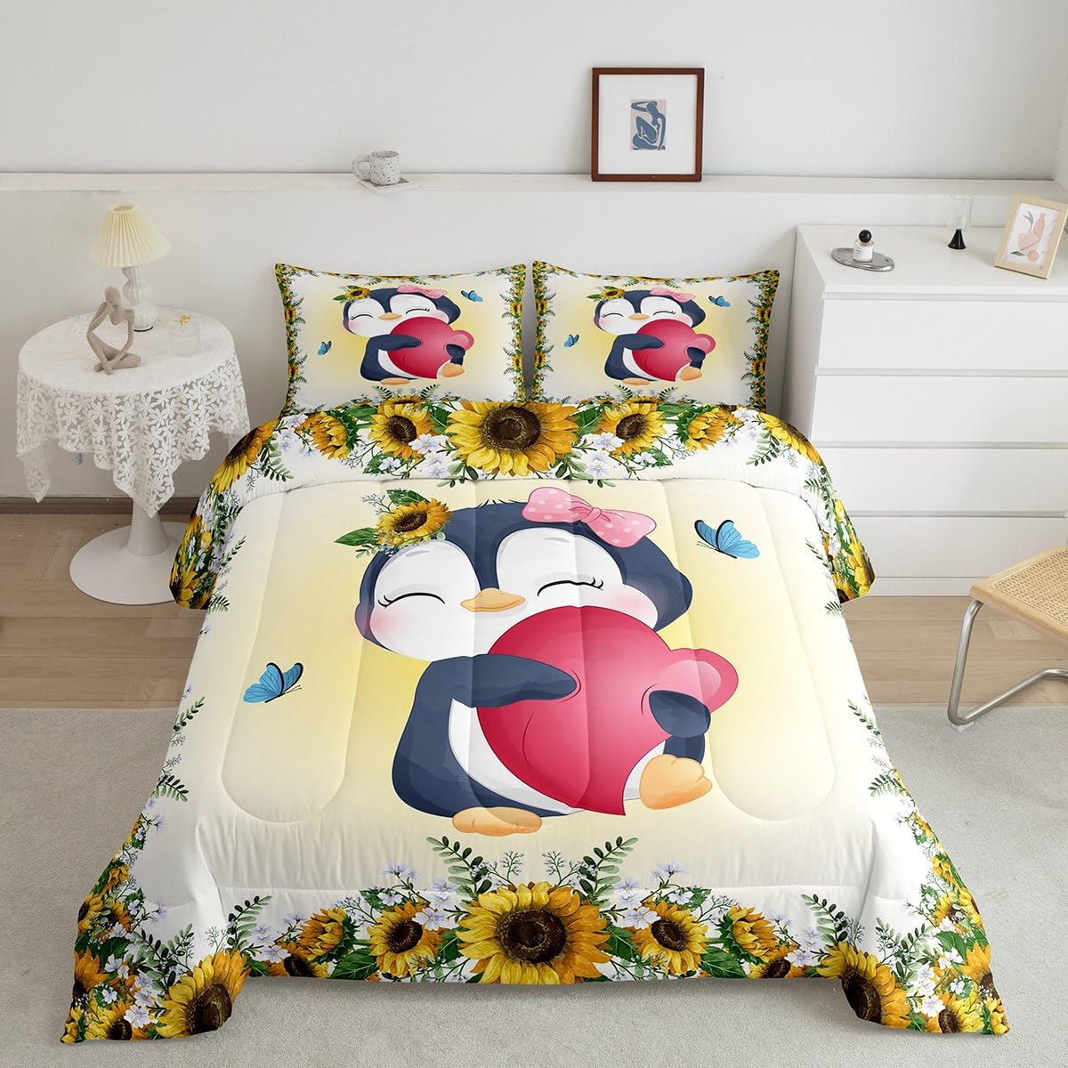 Penguin Bedding Set for Kids Girls Bedroom,Floral Sunflower Yellow Comforter Set Full,Cartoon Wildlife Antarctica Animals Down Comforter Kawaii Decor,