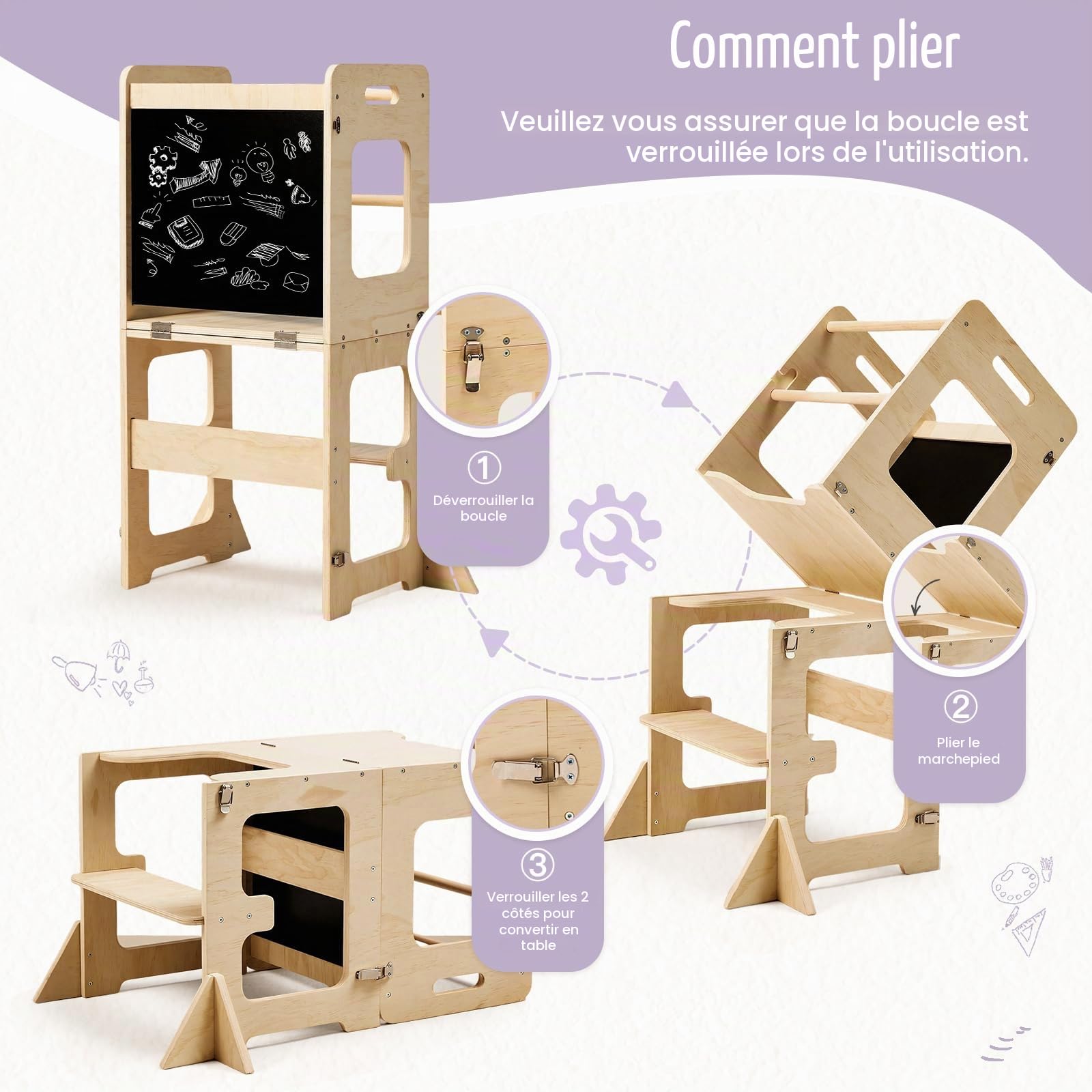 Labebe Tour d'apprentissage pour Enfants, Montessori Tour d'Observation avec Tableau Noir, 4 en 1 Pliable Bois Learning Tower