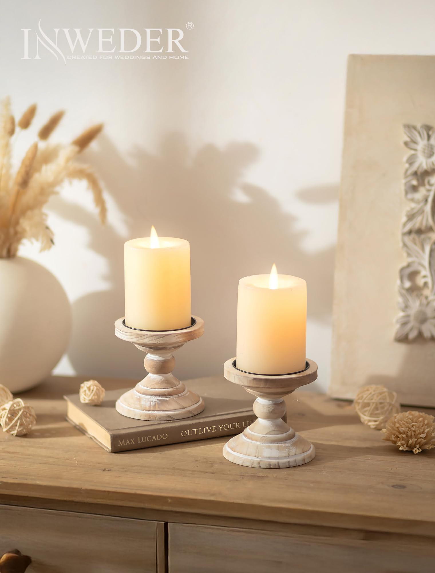 Portacandele in Legno: 2 Pezzi Porta Candele Rustici Bianchi Decorazione per La Casa Portacandele a Colonna per Centrotavola Candelabro Moderna per Camino Natale