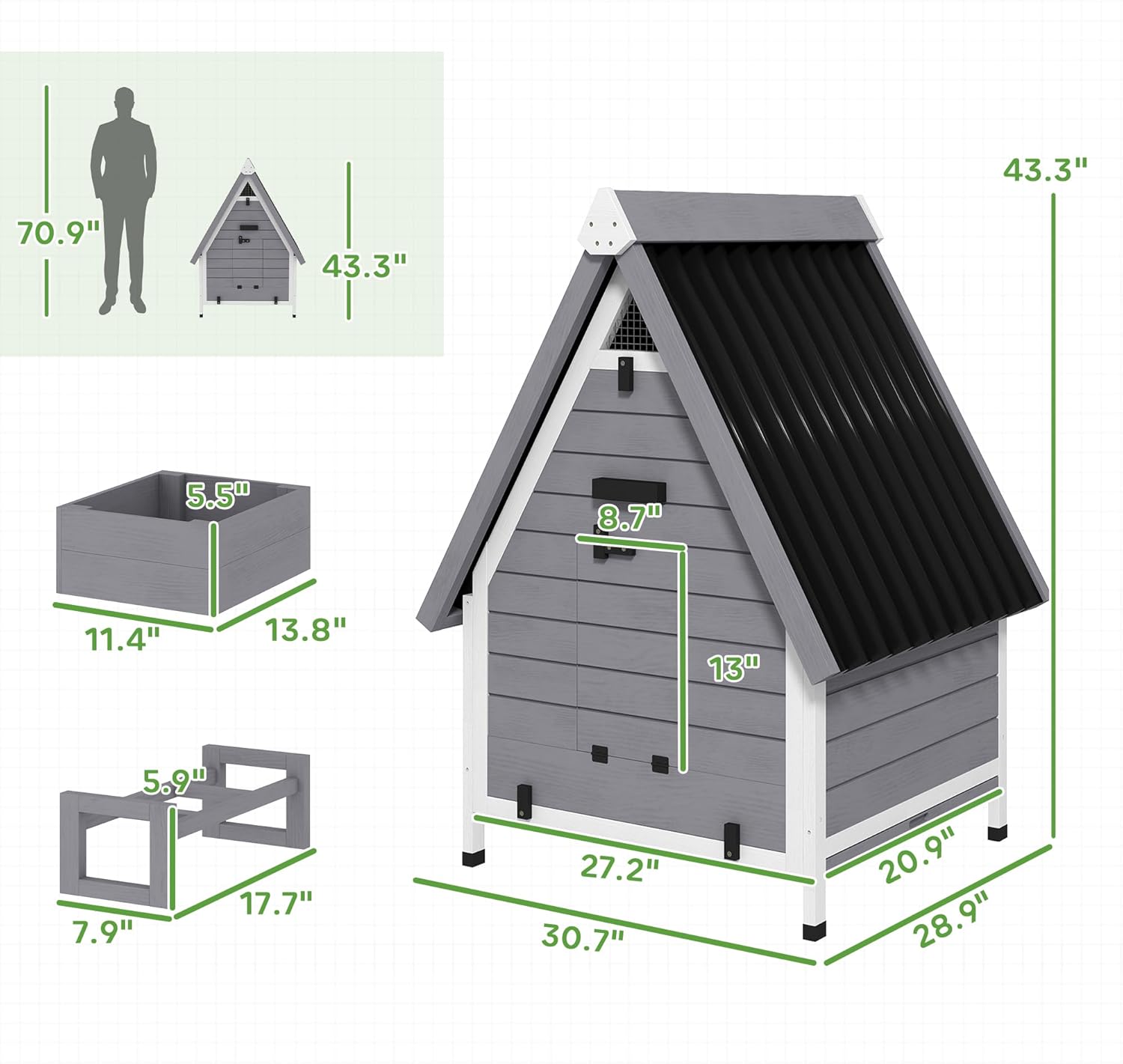 PawHut Chicken Coop for 2 Hens, Outdoor Wooden Chicken House with Removable Nesting Box & Roosting Bar, Tray, Ramp, Poultry Cage Rabbit Hutch, 31" x 29" x 43", Grey