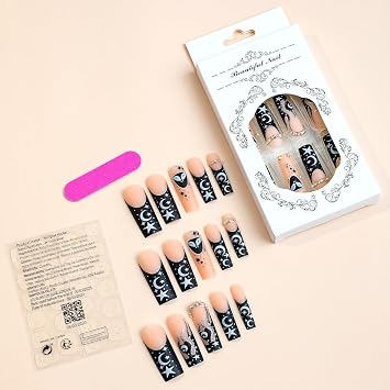 Extra Long Square Press on Nails French Fake Nails Black Glue on Nails with Star Moon Flame Designs Long Rhinestones Acrylic Press on False Nail Tips for Women and Girls, 24pcs