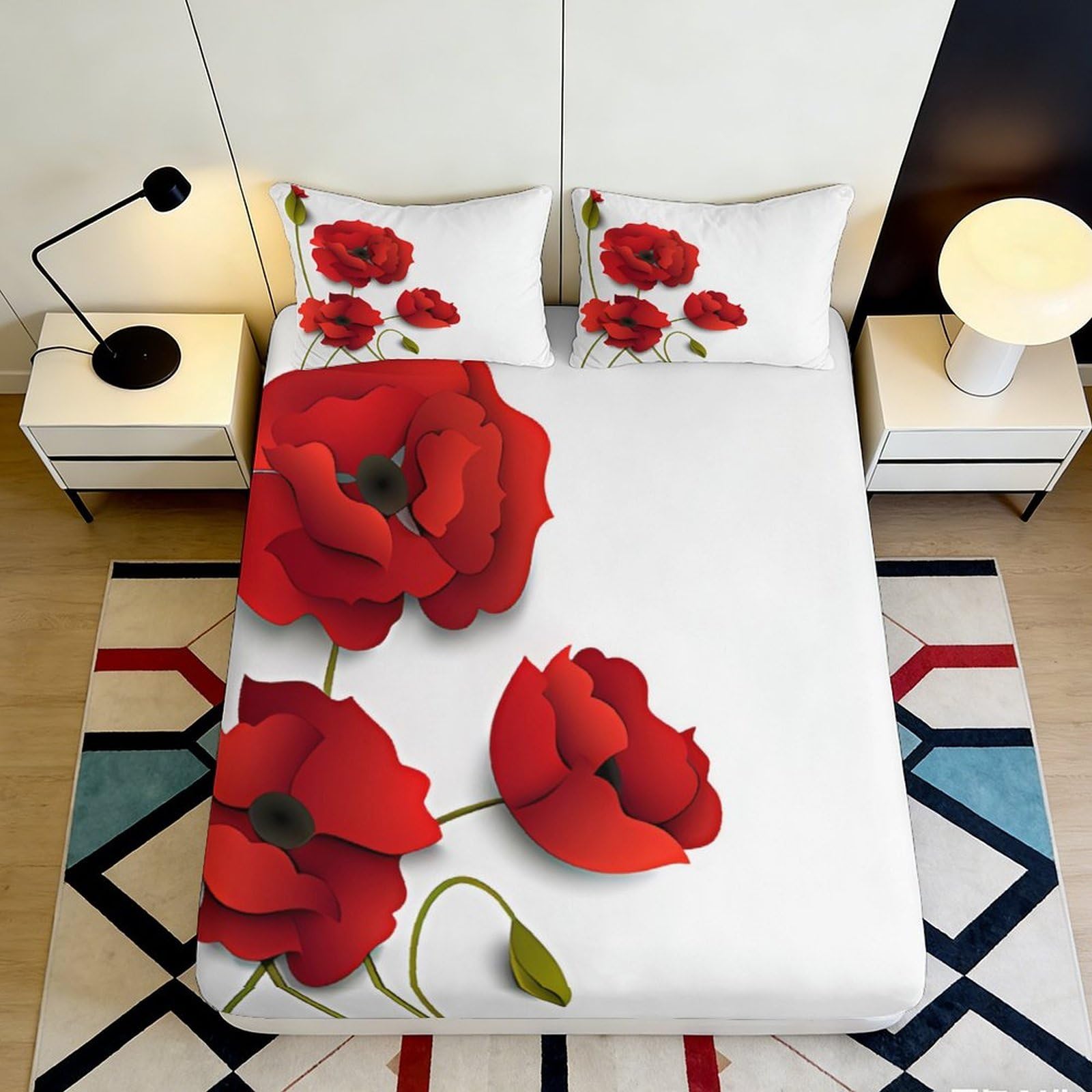 3D Printed Red Poppy Fitted Sheet Microfiber Soft Breathable Floral Bed Cover for Bedroom Dormitory Guest Room Mattress Protection Decor 180x200x25cm