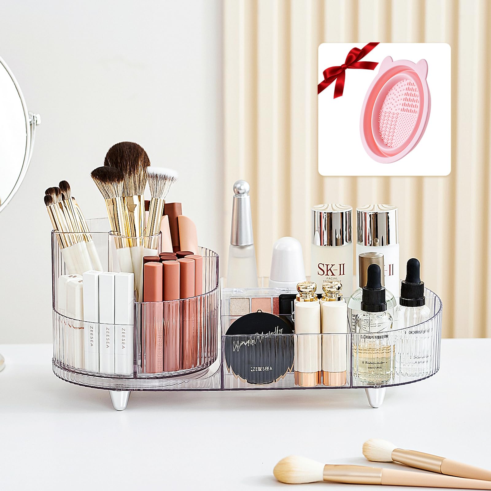 BULLA Makeup Organiser, 360 Rotating Makeup Organiser, Rotating Compartment 2 In 1 Cosmetic Storage, Makeup Organizer Storage Is Perfect for Dresser, Bathroom, Bedroom (Crystal Clear)