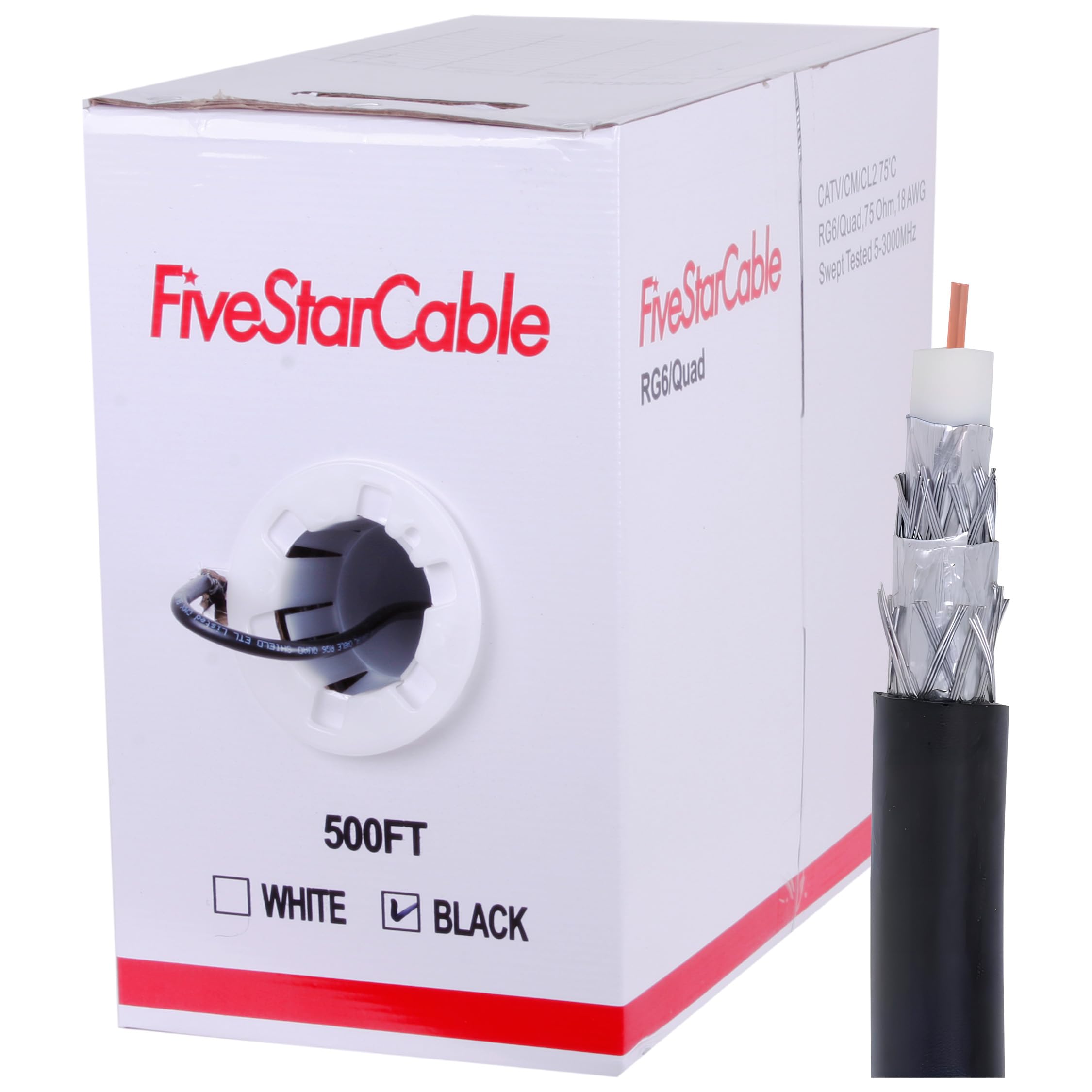 RG6 - Cable coaxial blindado cuádruple de 500 pies, caja de extracción fácil, blanco y negro, clasificación ETL, CL2, 18 AWG, 75 ohmios, para instalaciones de HDTV, satélite, televisión