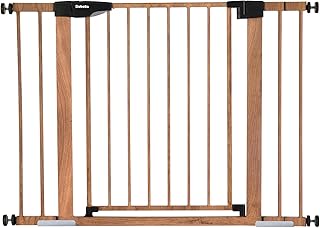 Mom's Choice Award Winner-BABELIO 26-40" Metal Baby Gate with Wood Pattern, PressGuard C5 Easy Install Pressure Mounted Dog Gate for Stairs and Doorways, with Wall Protectors and Extension Kits