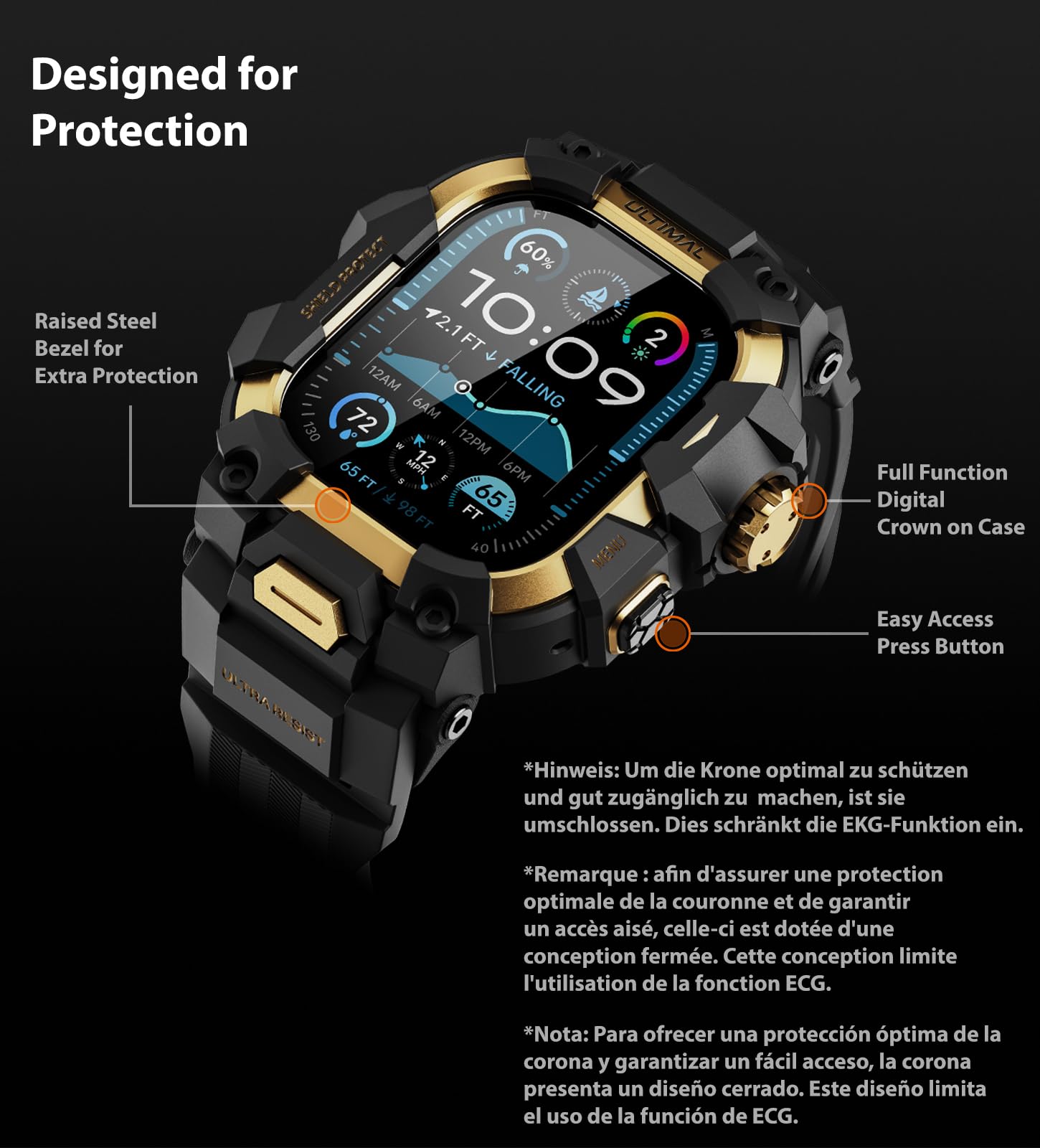 ULTIMAL Gehäuse mit Armband und Panzerfolie für Apple Watch 49mm, 3 in 1 Sportarmband Kompatibel mit Apple Watch Ultra/Ultra 2/Ultra 3, Militärisch zertifiziertes stoßfestes Schutzcover für iWatch