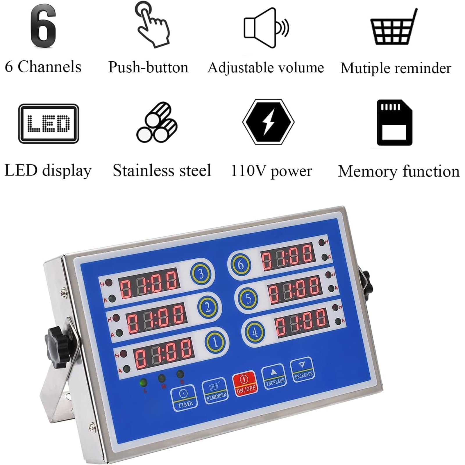 Digitaler Kochtimer, Edelstahl Küchentimer mit LED-Anzeige und lautem Alarm, 6 K Timer für Restaurant oder Zuhause, genaue Zeitmessung zum Kochen