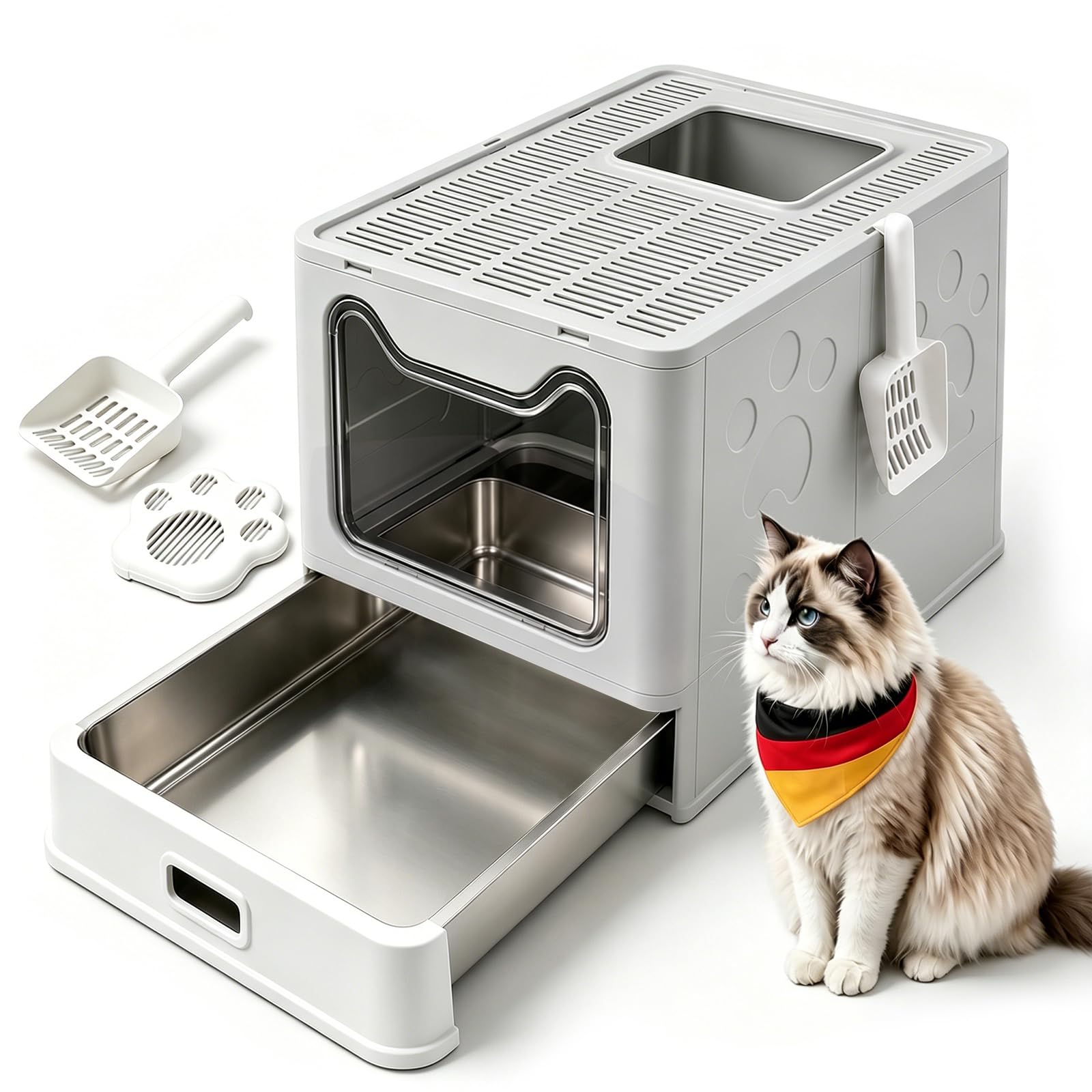 Lettiera per gatti con coperchio, vassoio estraibile in acciaio inox e paletta, Hopin in lettiera XL, chiusa, spaziosa, grande
