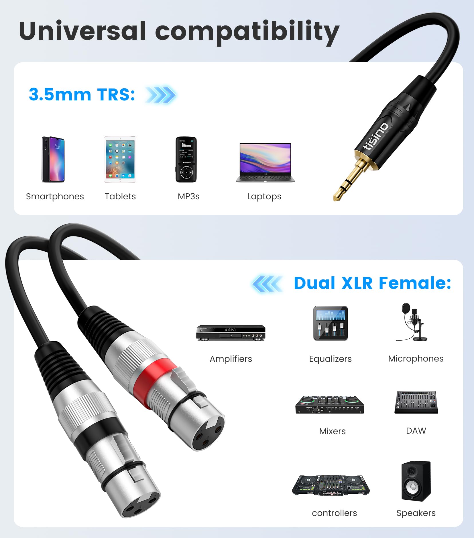 Tisino Podwójny kabel mikrofonowy XLR żeński do 3,5 mm TRS stereo, przewód rozdzielający Y do 2 mikrofonów, mini jack 1/8 do kamery, kamery wideo, rejestratora i profesjonalnego sprzętu audio-1m