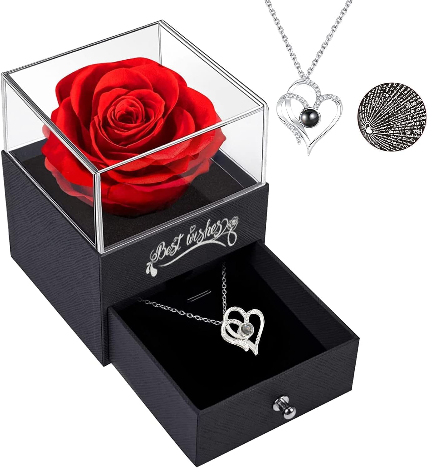 Pekos Forever Real Rose Gifts for Women | Preserved Rose Gift Box with Music Function and Romantic I Love You Necklace for Her Birthday, Mothers Day, Valentines Day, Anniversary, Christma