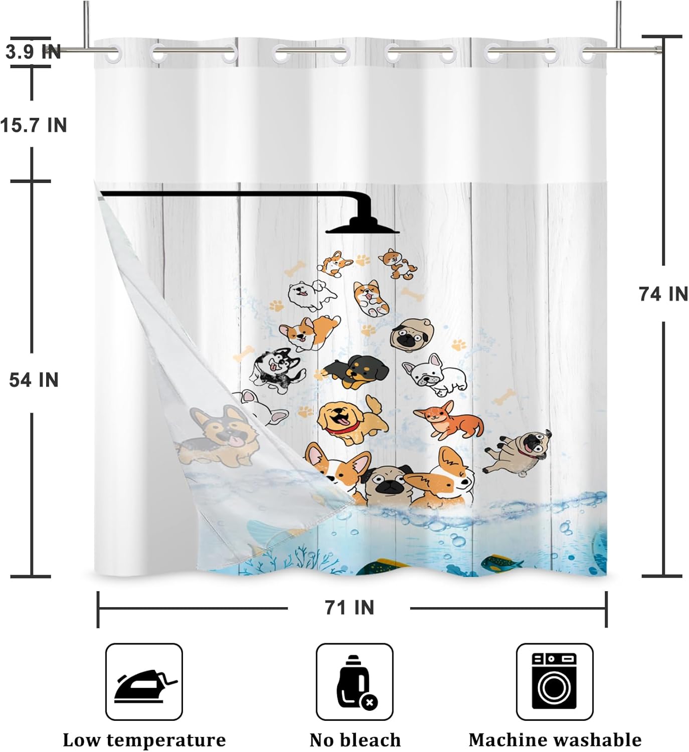 Baocicco No Hook Raining Dogs Shower Curtain with Snap in Liner Cute Cartoon Animal Playing Water Double Layer Bathtubs Hotel Curtain Set for Kids See Through Shower Curtain with Window 71x74 Inch