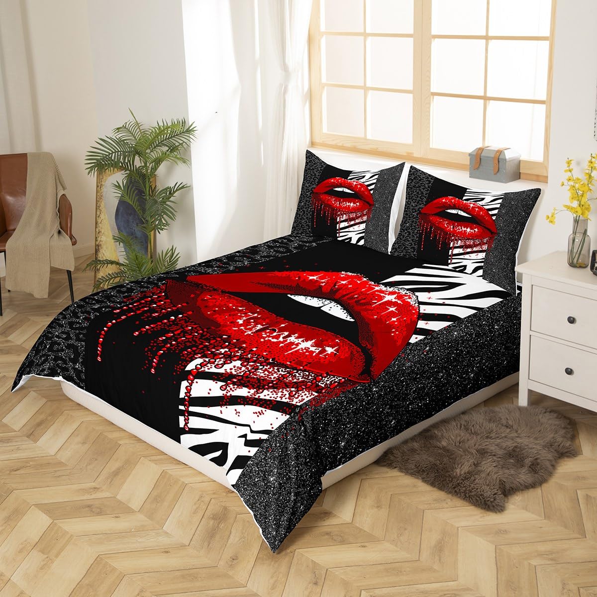 Manfei Red Lips Duvet Cover Set Double Size, Black Zebra Leopard Skin Glitter Comforter Cover with 2 Pillowcases - Image 2