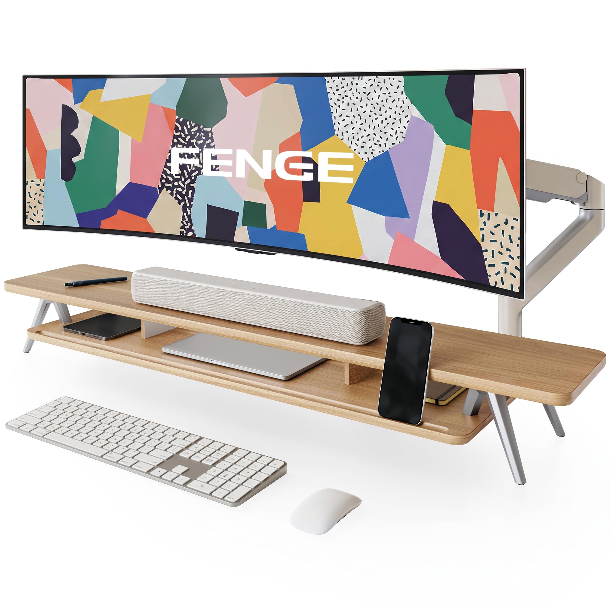 Fenge Dual Monitor Stand Riser, Wooden Desk Shelf with 2-Tier Storage