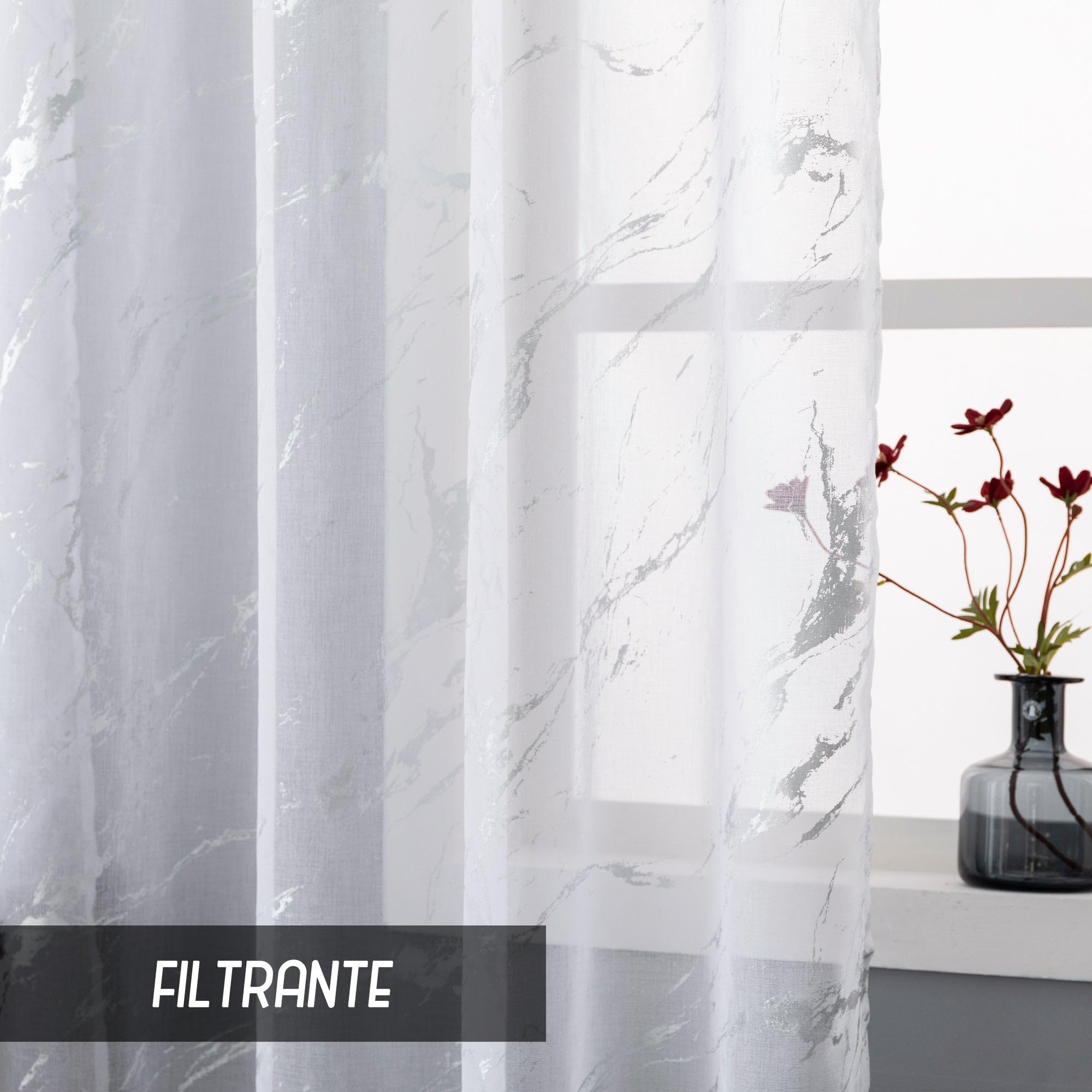 GIRASOLE HOME Coppia Tende Favignana Filtranti Fantasia Argentata Effetto Marmo 2 Pannelli da 140x150cm con Occhielli, Bianco