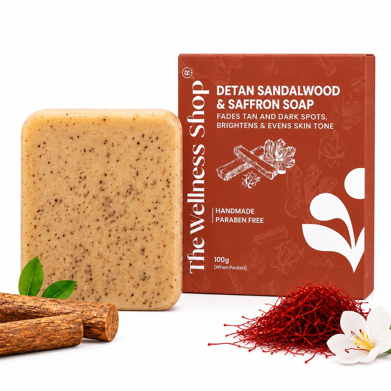The Wellness Shop Detan Sandalwood & Saffron Soap (100Gms Pack of 1) | Paraben Free | Handmade Bath Bar for Tan Removal & Brightening Skin | Men & Women Daily Use-image-34