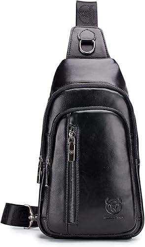 Miniatura 2 de Bolso bandolera de cuero para hombres y mujeres, para viajes al aire libre, camping, senderismo, casual, bolsa de hombro para el pecho, #01Negro,