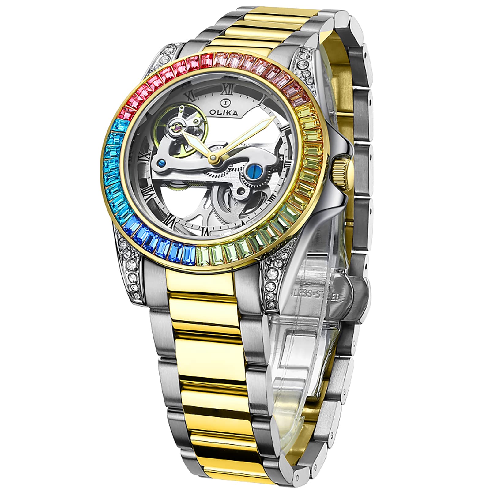 Reloj para mujer, reloj mecánico de cuerda automática, reloj esqueleto de acero inoxidable, reloj luminoso resistente al agua, reloj elegante de negocios (Rainbow Machinery), Una maquinaria de