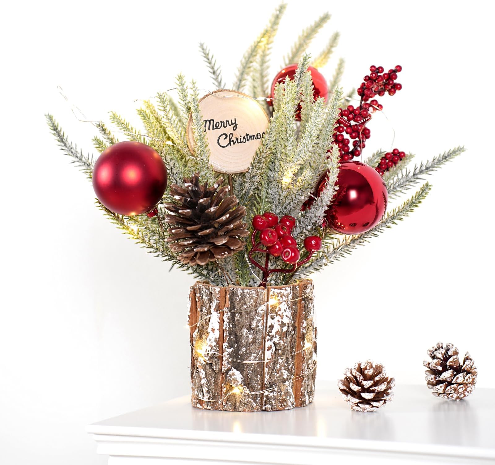 Small Table Top Christmas Tree with Lights, Mini Christmas Tree Decorations with Merry Christmas Pine Cones Berries Balls Ornaments for Home Party Office Centerpiece Indoor Decorations 12Inch, Red