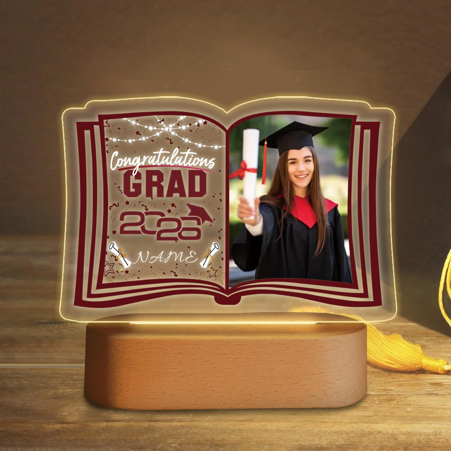 AUBAO Custom Graduation Gifts Night Light with Photo Name 2026 Personalized Graduation Led Lamp for Women Man Gifts for College High School(Maroon)