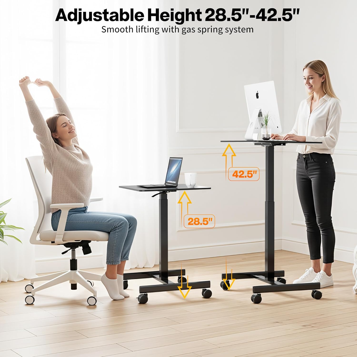 Simple Deluxe Standing Desk with Lockable Wheels, Mobile Adjustable Height Stand Up Desk, Portable Laptop Computer Table, Small Black