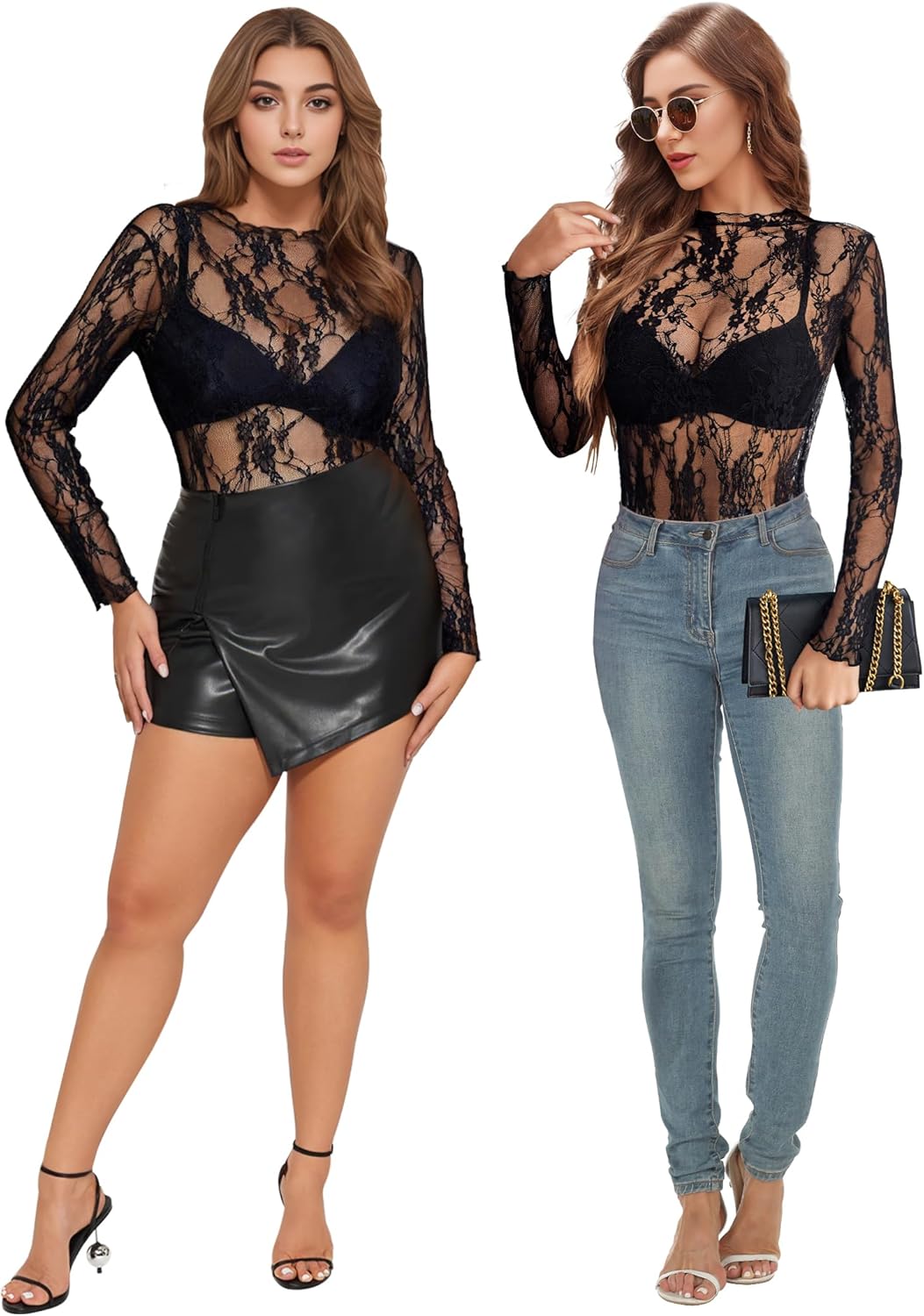 Buauty Mesh Bodysuit for Women Lace Body Suits Women Long Sleeve Sheer Mesh Top See Through Mock Neck Sexy Clothes - Image 6