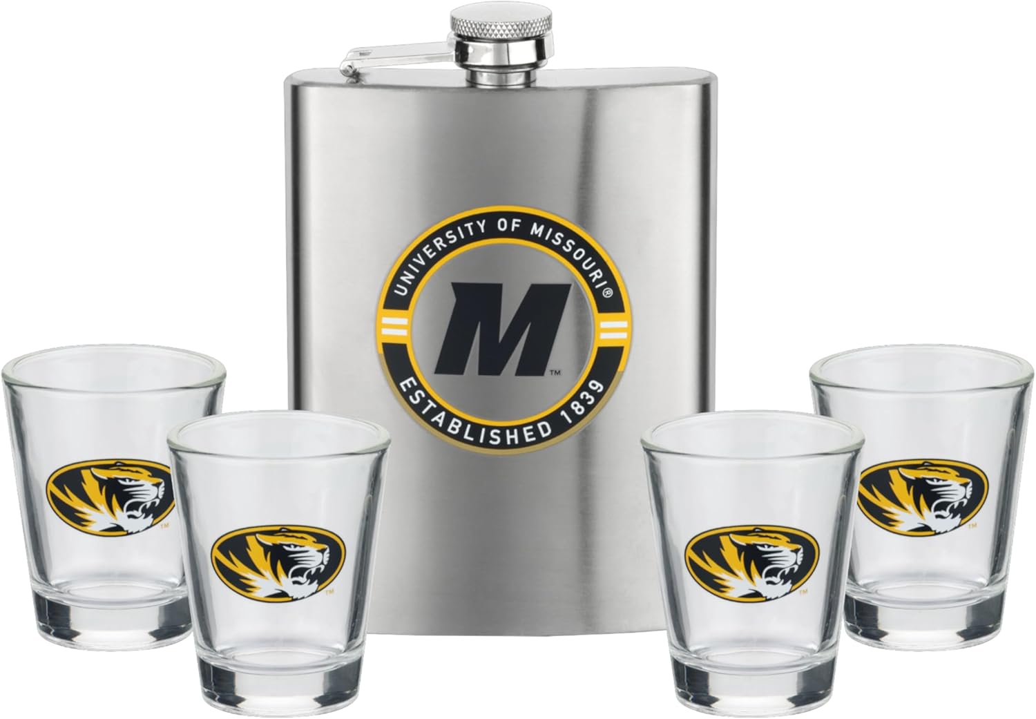 The Memory Company | Licensed NCAA Stainless Steel Team Logo Flask and (4) Shot Glass Set