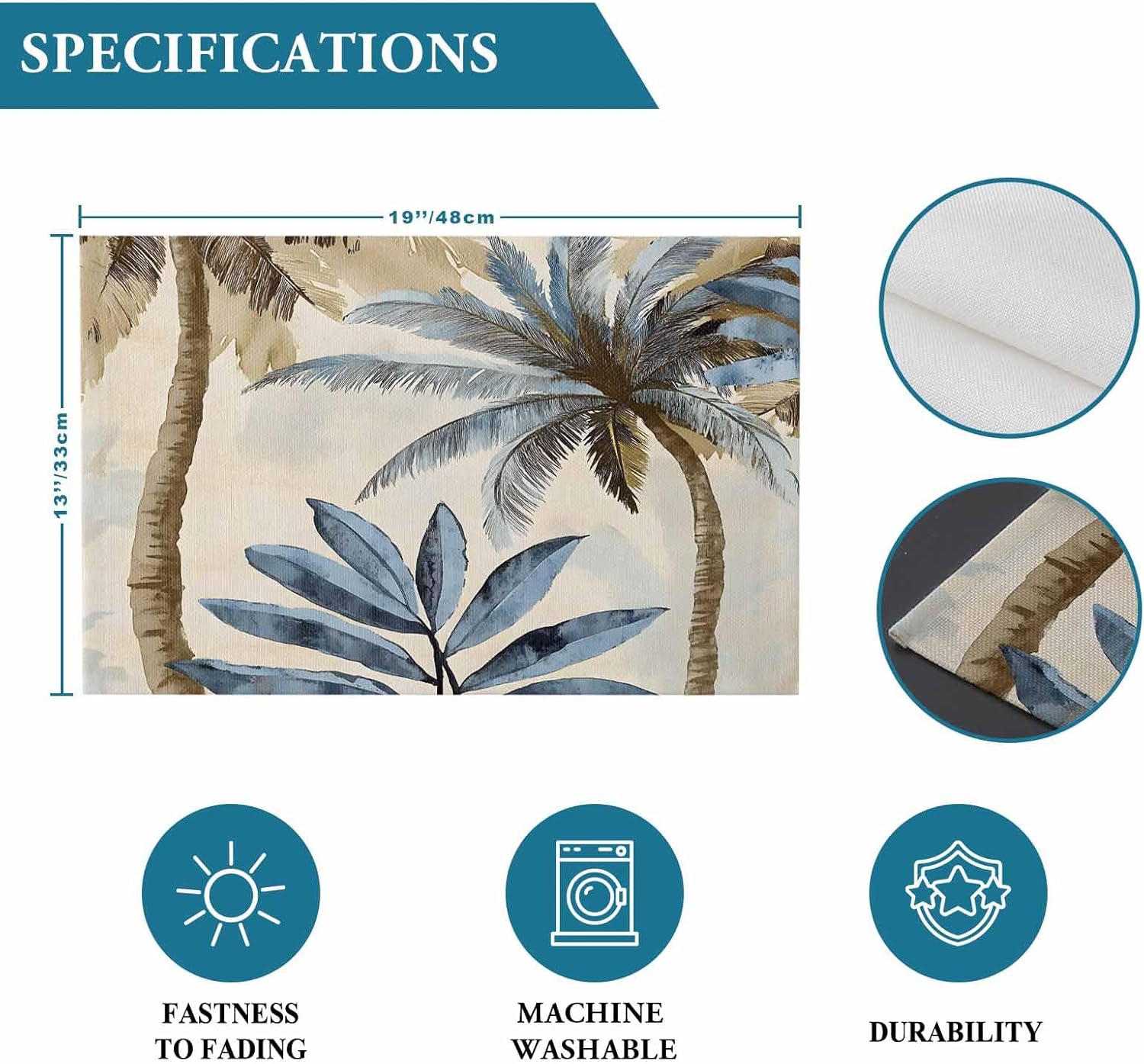 Placemat Blue Palm Tree Place Mats for Dining Table Vintage Watercolor Tree Washable Table Mats for Kitchen Tabletop Dining Decorations Set of 12