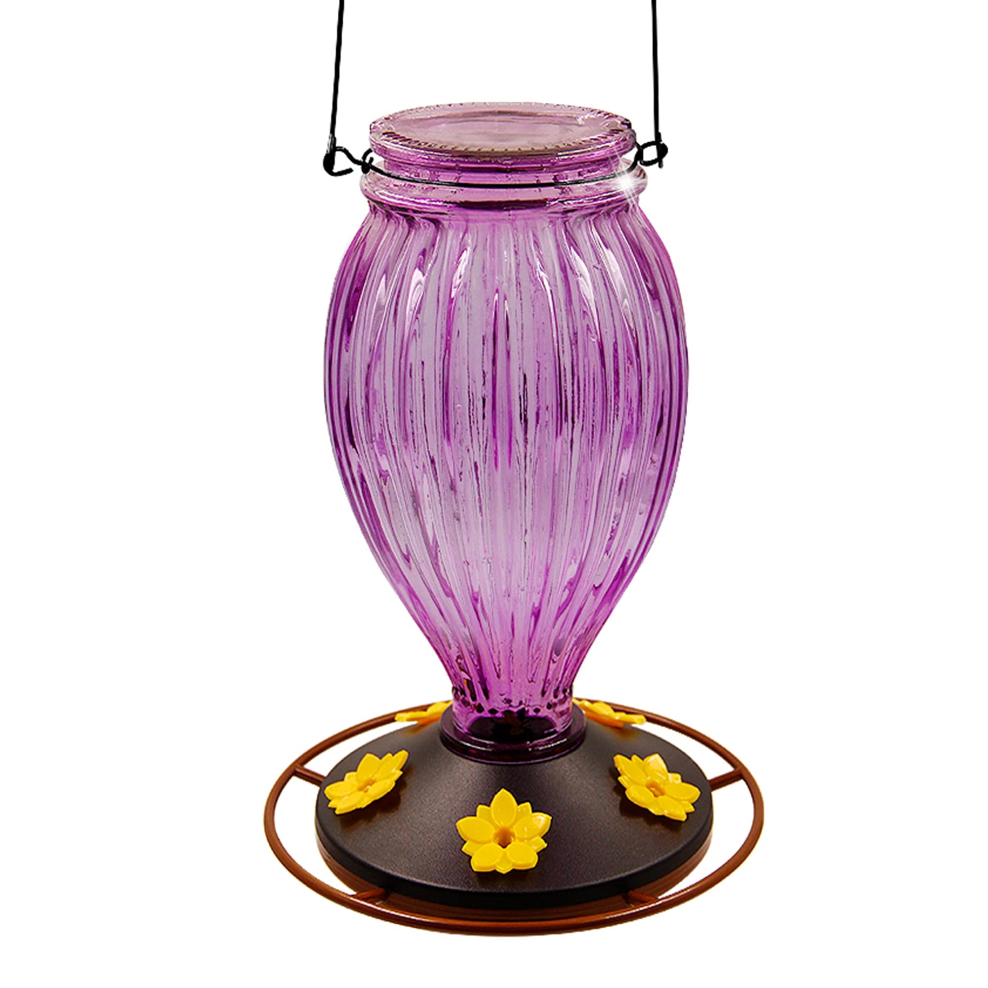 Juegoal Glass Hummingbird Feeders for Outdoors - 37 oz Wild Bird Feeder 5 Feeding Ports, Bud Shaped Metal Handle Hanging for Garden Tree Yard Outside Decoration, Violet