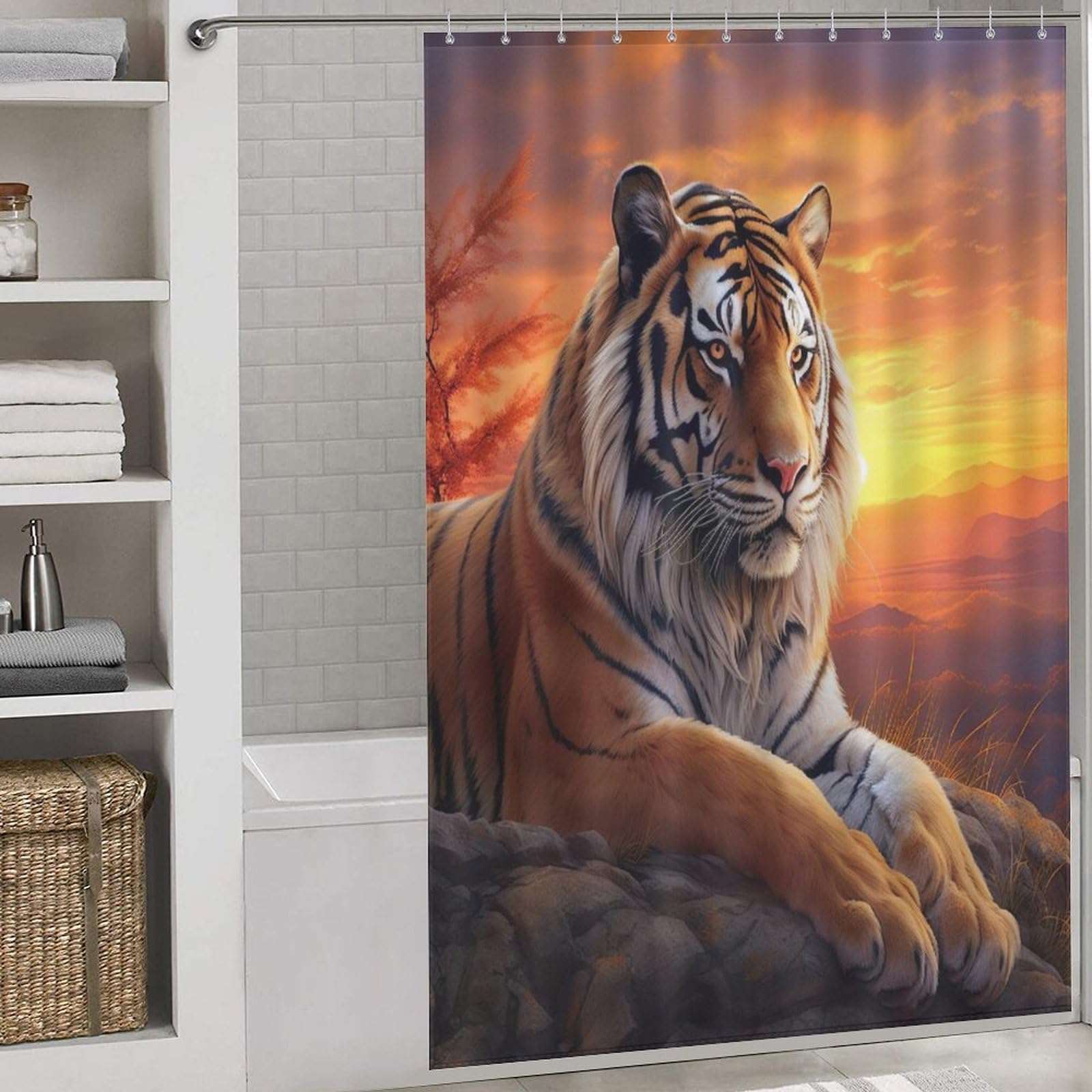Rideau de douche tigre anti-éclaboussures en tissu polyester lavable de 152x183cm