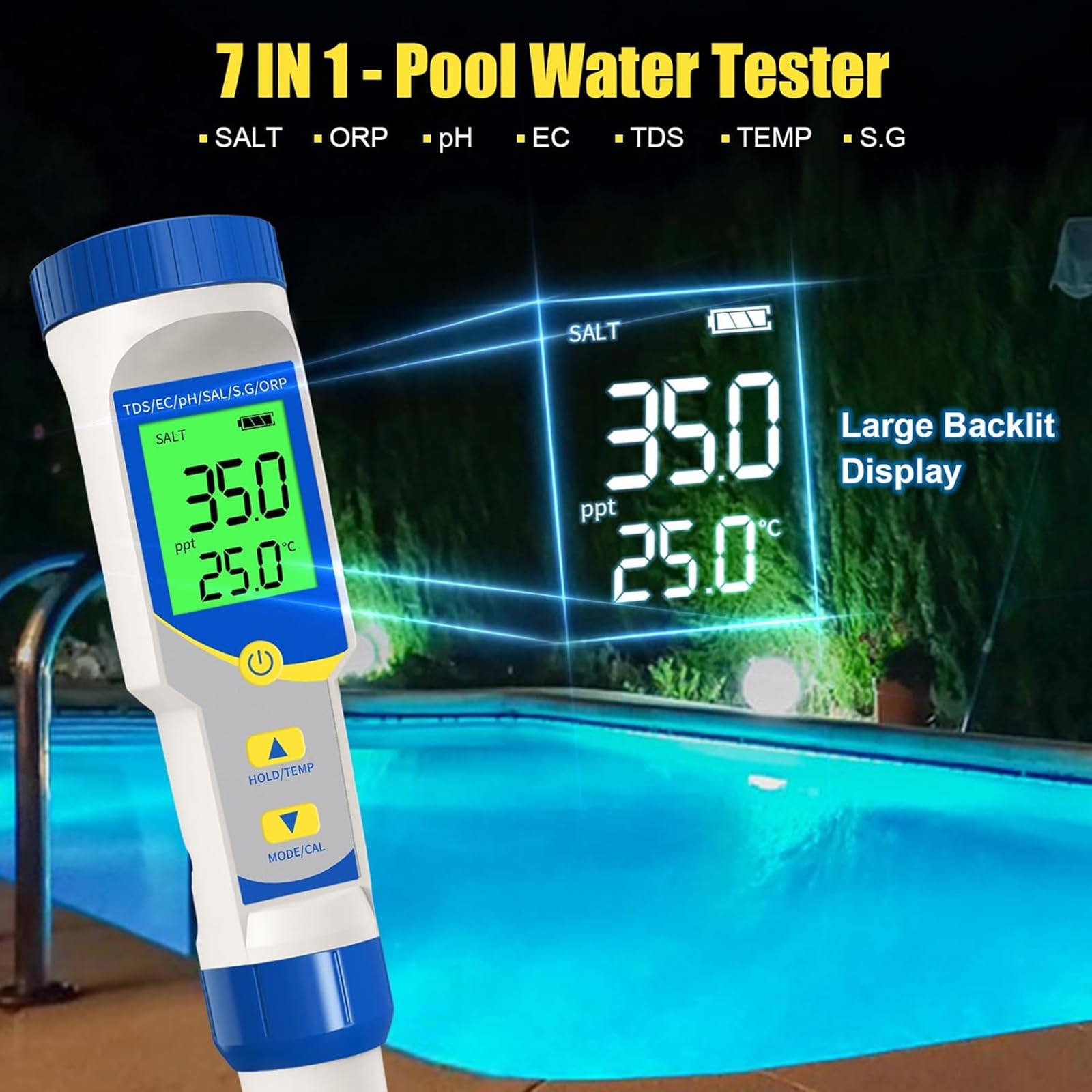 Probador de sal para piscinas, kit de prueba de salinidad digital de alta precisión con medidor de sal ORP de pH, medidor de cloro y termómetro de lectura para piscinas de agua salada Spa