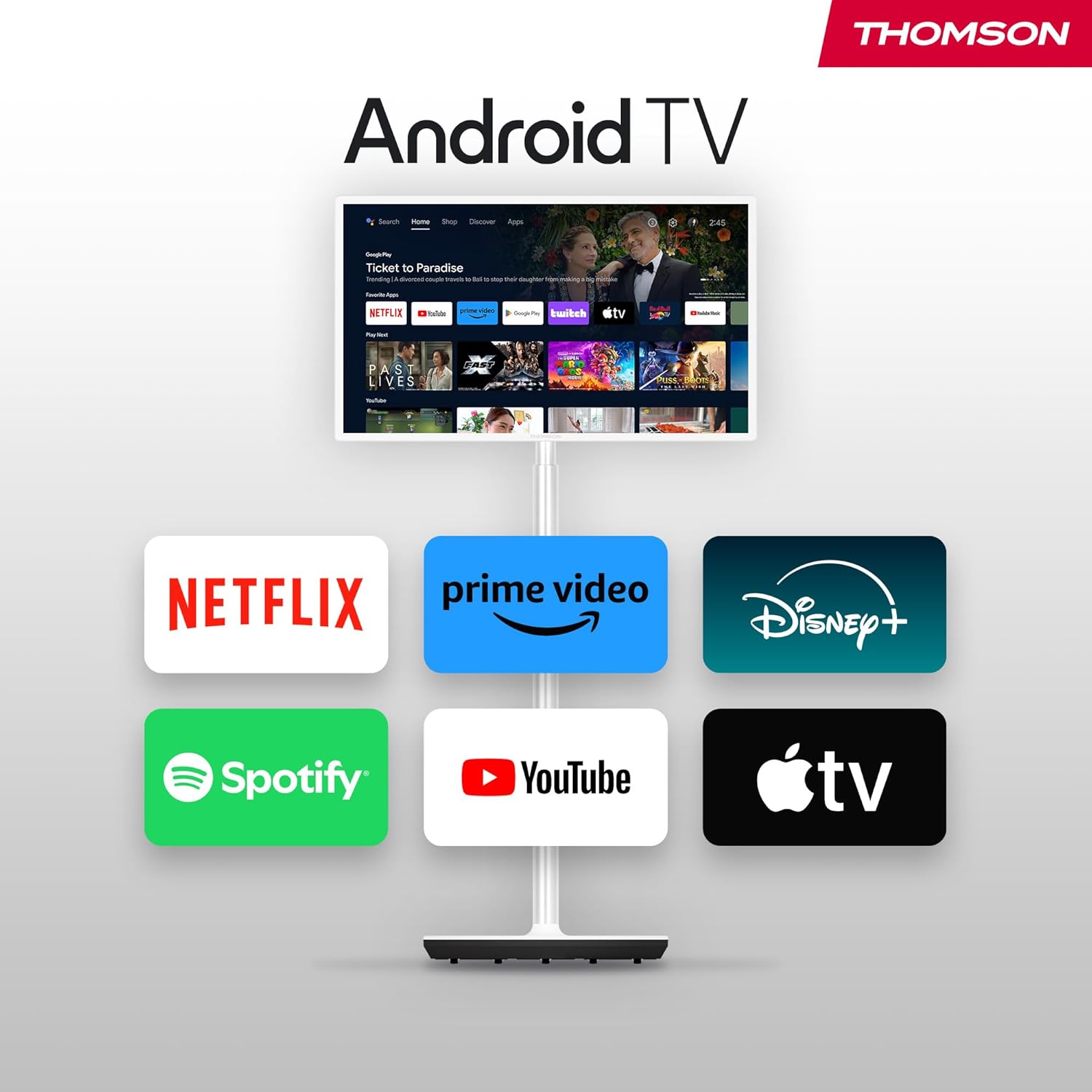 A person easily moving the Thomson Go TV on its wheeled stand within a home environment.