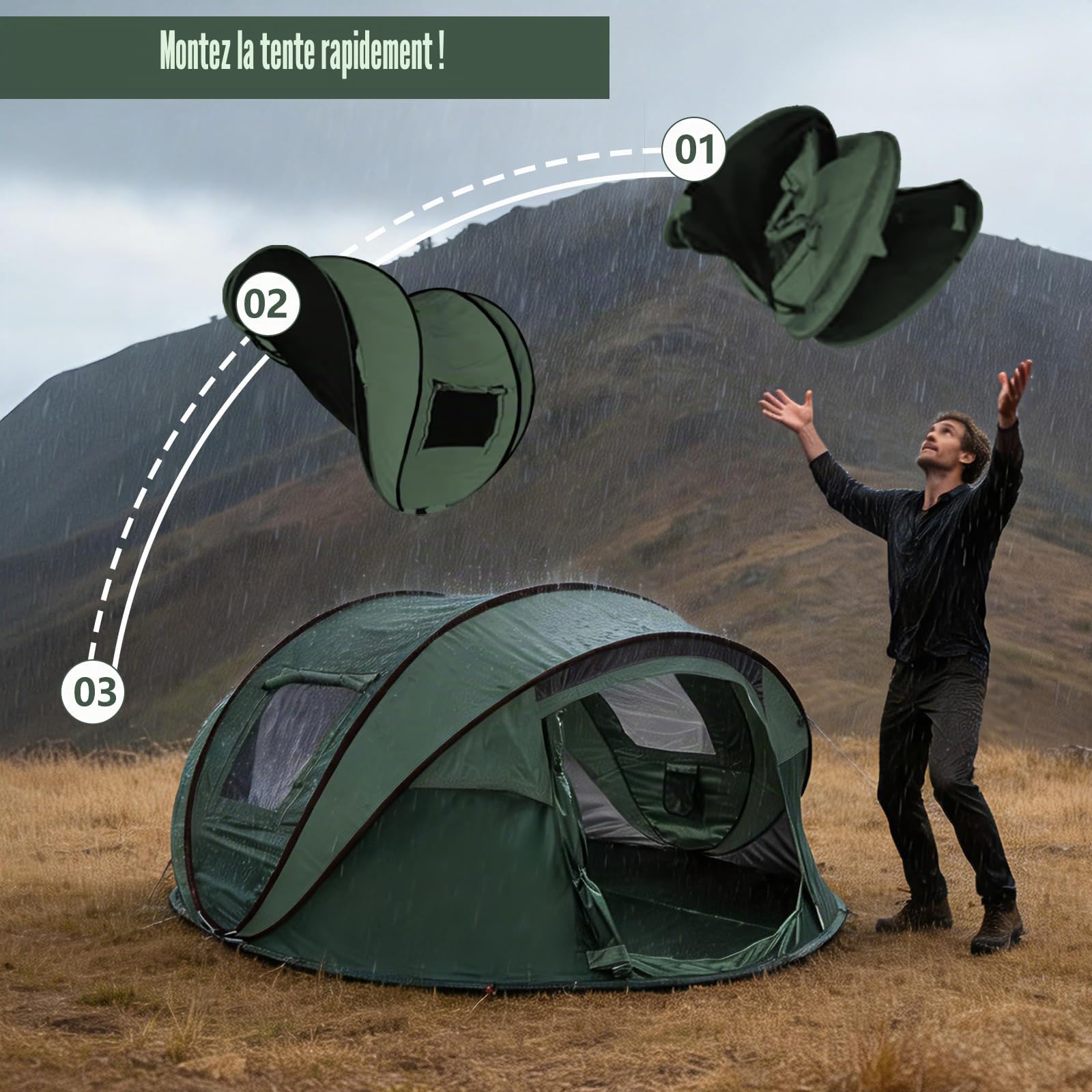 Tente de camping pop-up pour 4 à 5 personnes, tente automatique en 3 secondes, tente à lancer, étanche, protection solaire, tente familiale, tente dôme portable légère pour camping en plein air