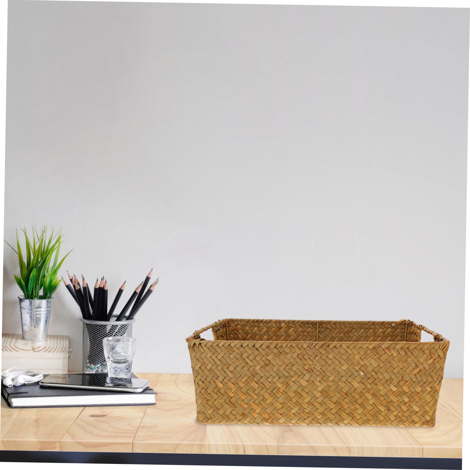 Alipis Cesta Cuadrada Gran Capacidad de Algas Naturales Mimbre Tejida a Mano Organizador Rectangular Portátil para Almacenamiento en Baño y Dormitorio