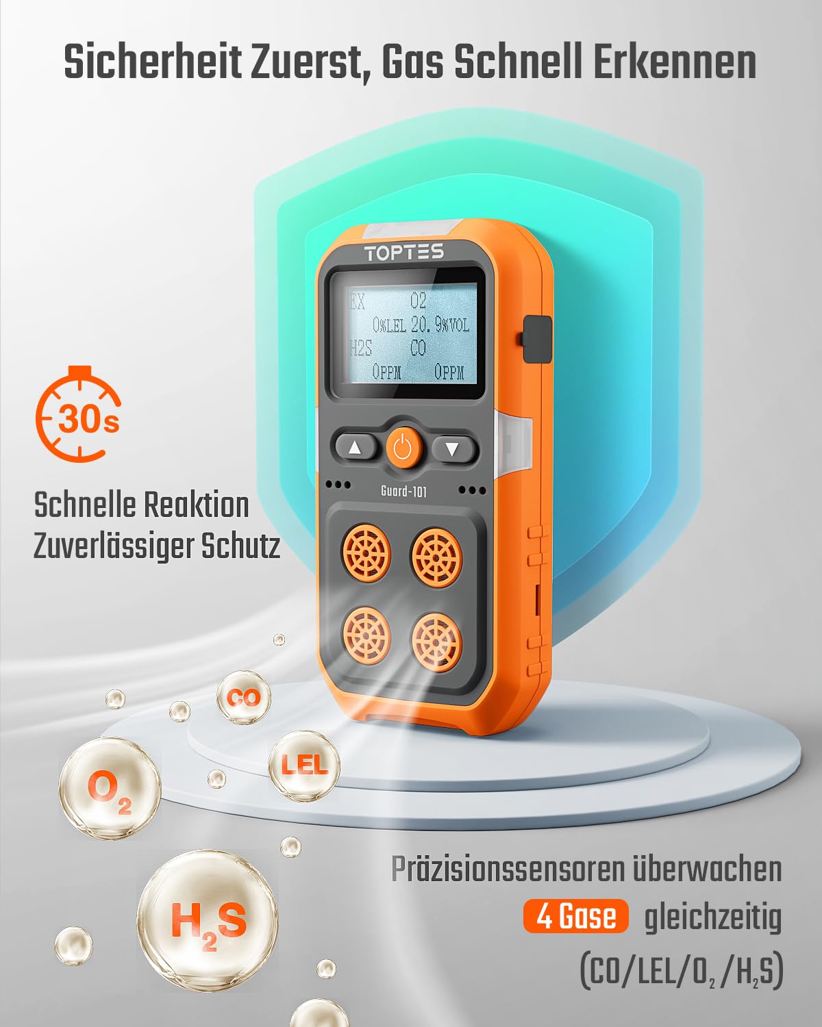 TopTes Guard-101 Gasmelder, 4 Gasmelder Für H2S, CO, LEL Und O2, Mit Vibration, Licht- Und Tonalarm, 14 Stunden Batterielaufzeit, Explosionsgeschützt, Für Arbeit Und Zuhause - Orange