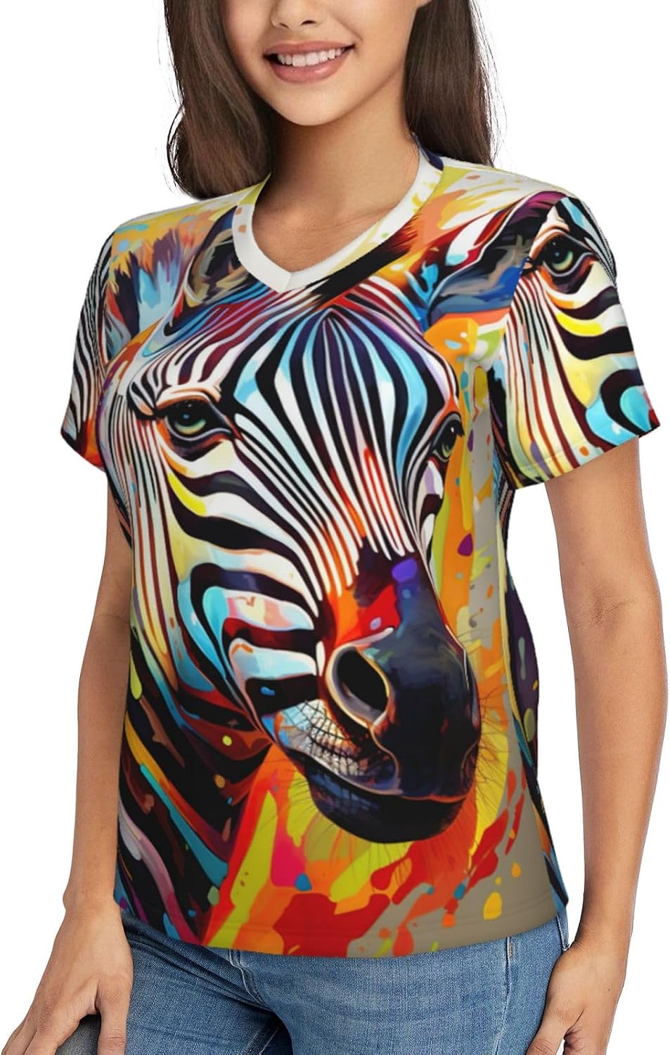 Women Casual Abstract Animal Zebra Print V-Neck T-Shirt Short Sleeve Summer Trendy Tops.