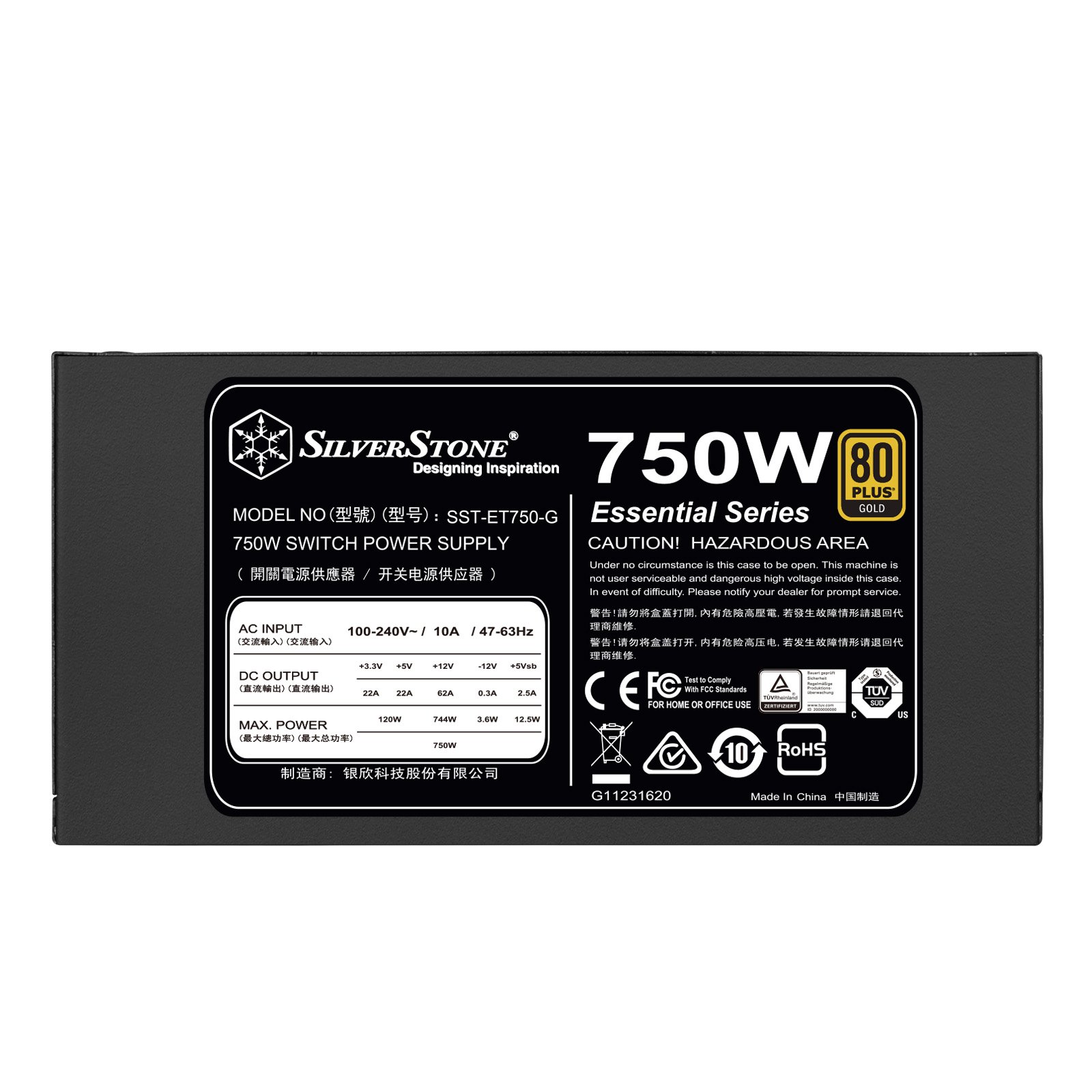 Silverstone tek 750W 80 Plus Gold Fuente de alimentación con Cable Fijo con Cables Negros Planos y Curva de Ventilador silencioso SST-ET750-G